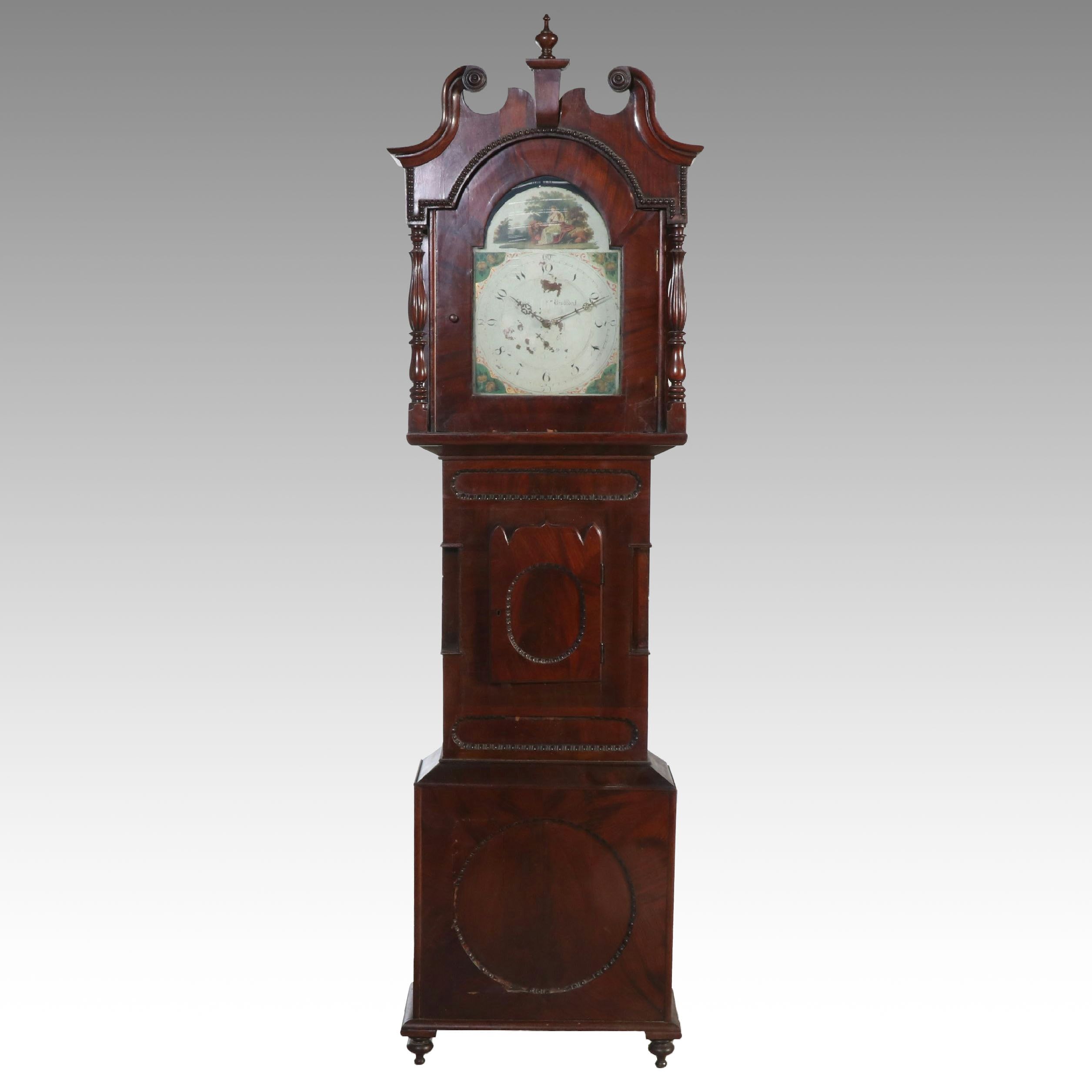 Bradford Chippendale Style Grandfather Clock with Hand-Painted Tombstone Face
