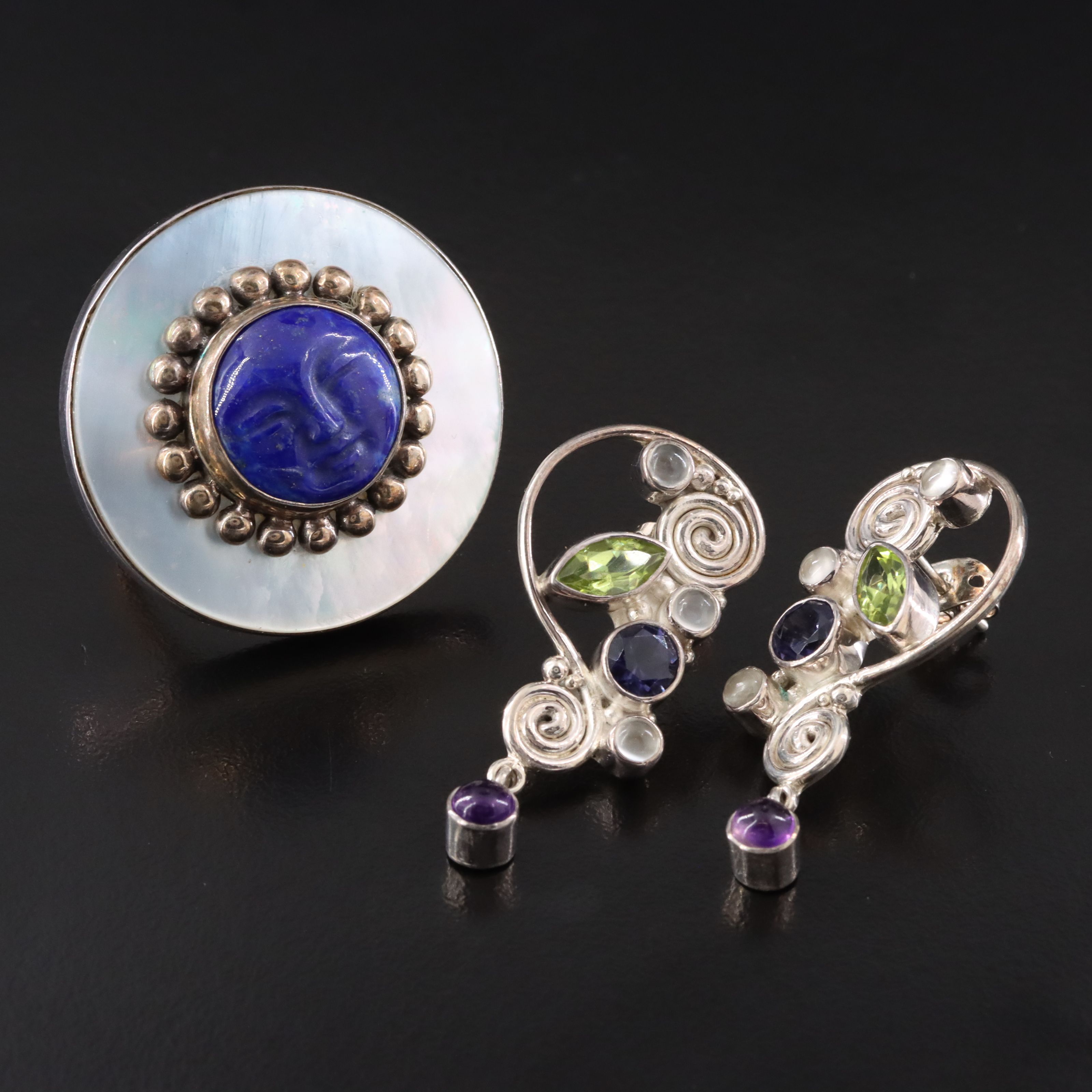 Sajen Sterling Earrings with Figural Ring and Gemstones