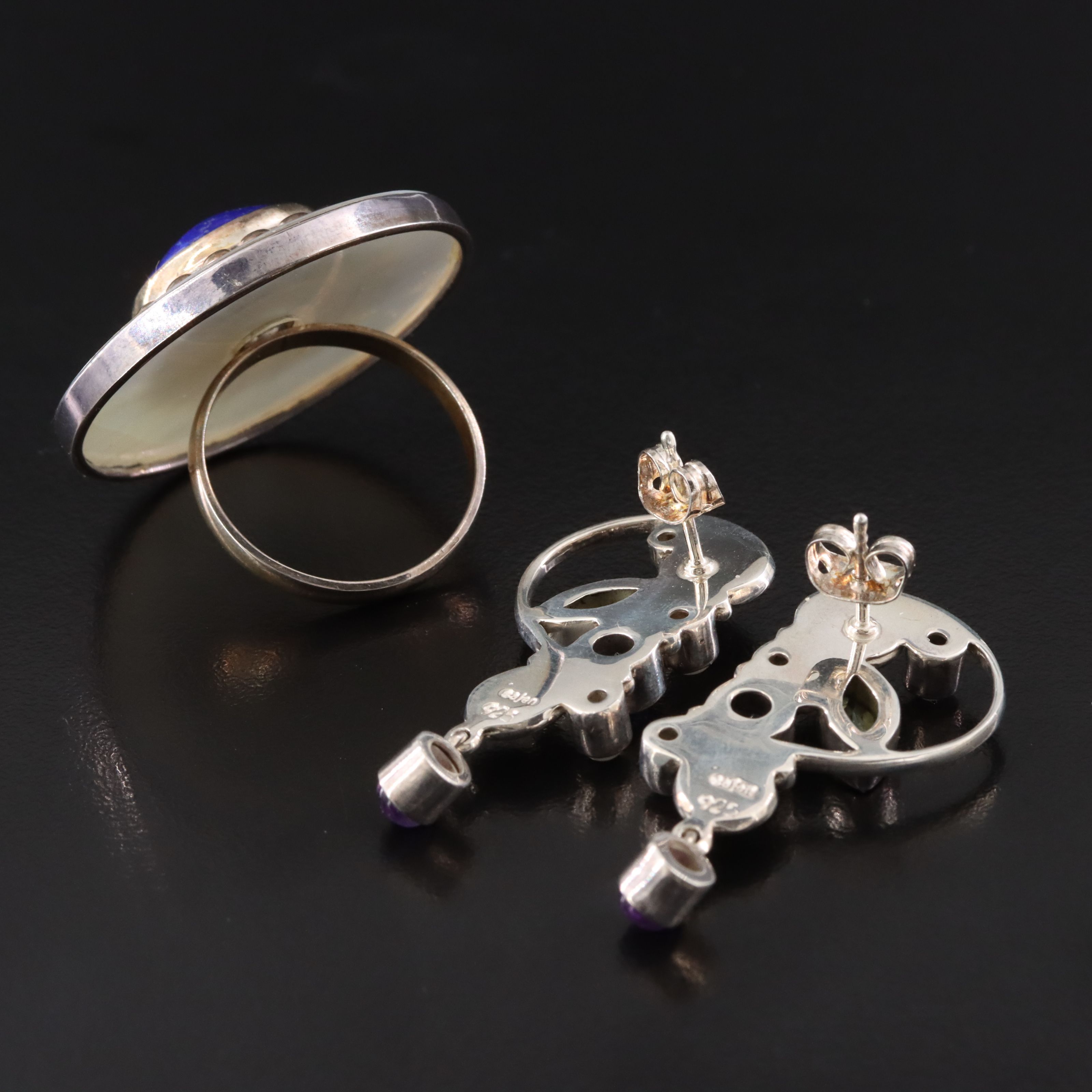 Sajen Sterling Earrings with Figural Ring and Gemstones