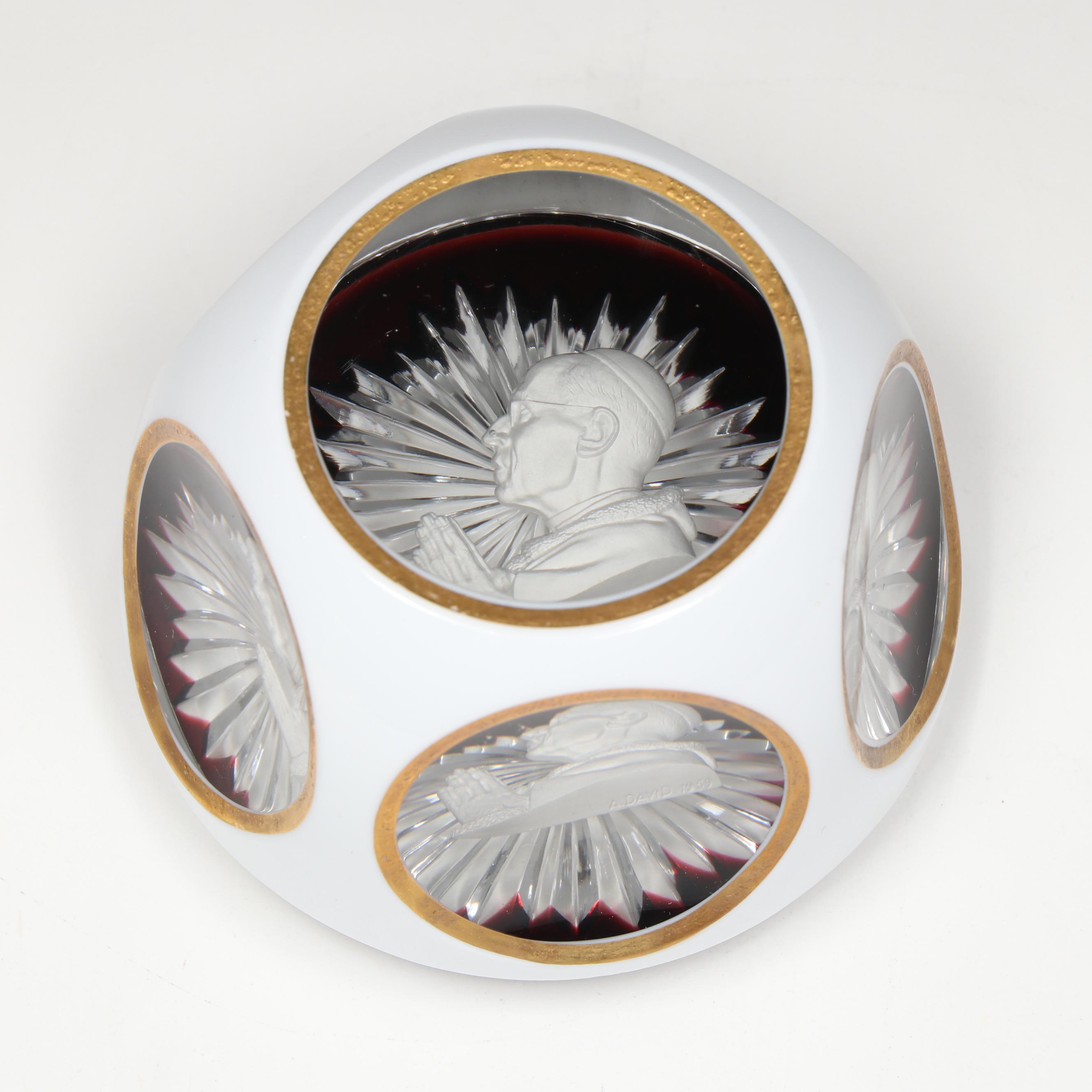 Albert David for Baccarat Pope Pius XII Sulphide Glass Paperweight, 1959
