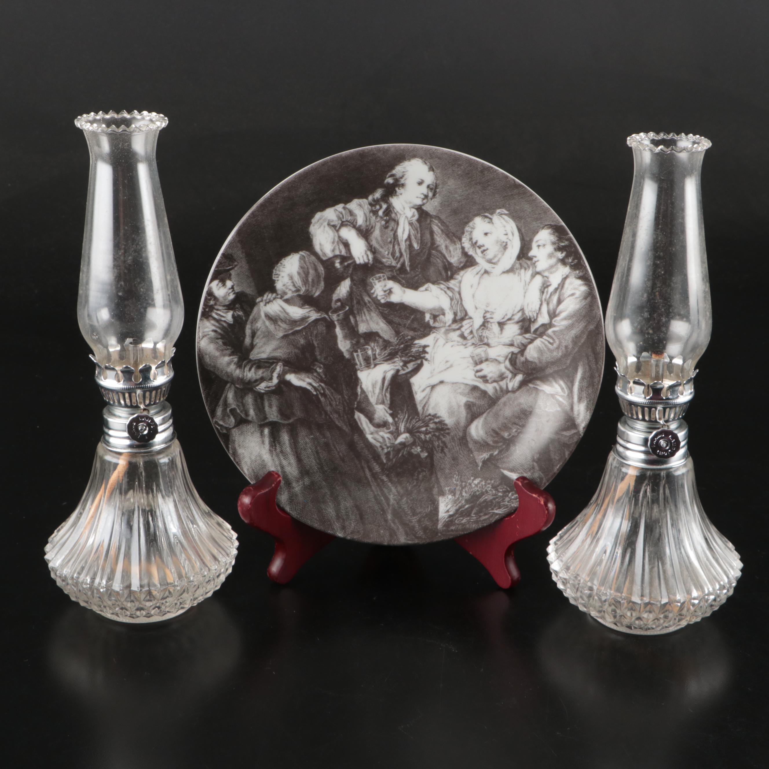 Pair of Hurricane Oil Lamps with Seltmann Weiden Porcelain Plate After G.M Kraus
