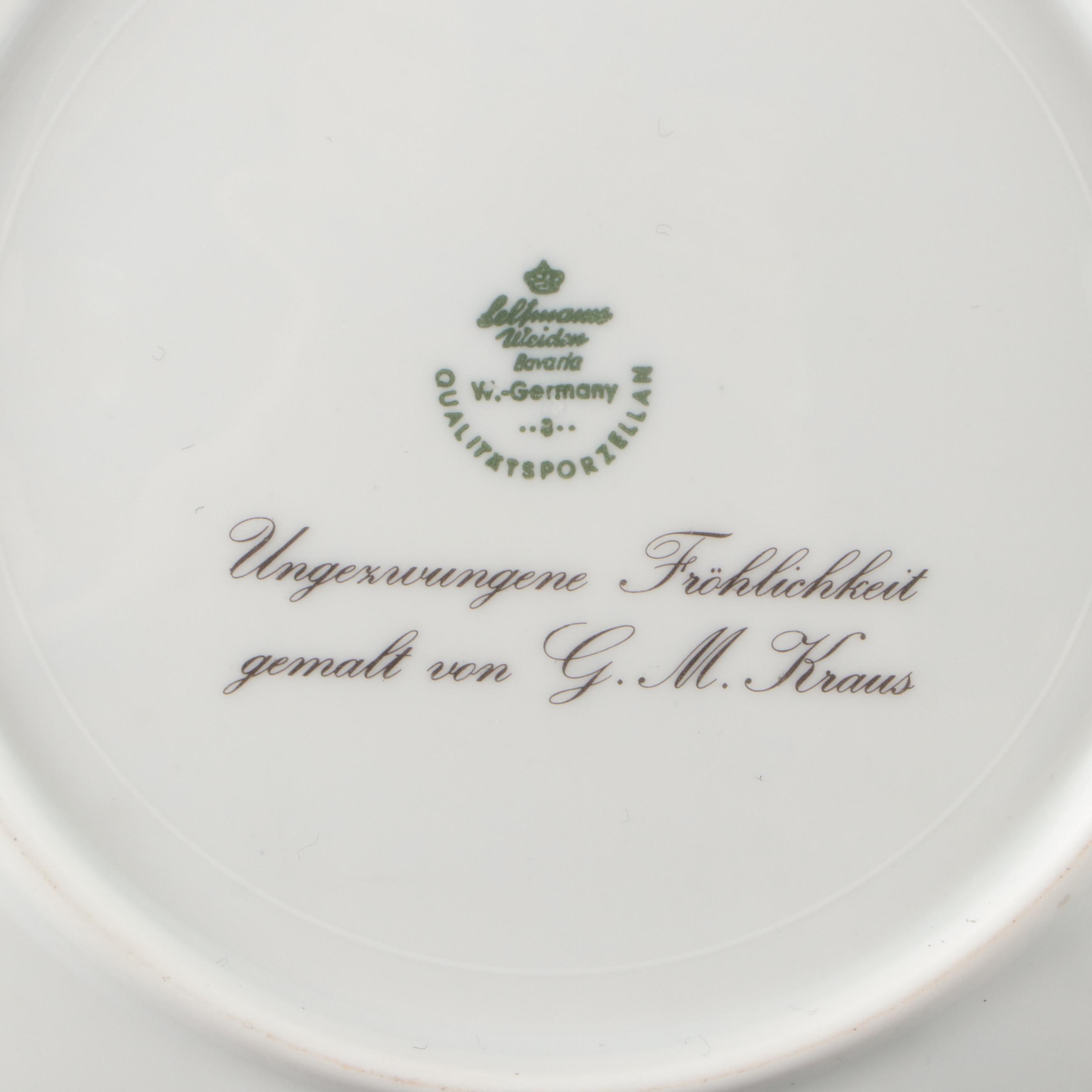 Pair of Hurricane Oil Lamps with Seltmann Weiden Porcelain Plate After G.M Kraus