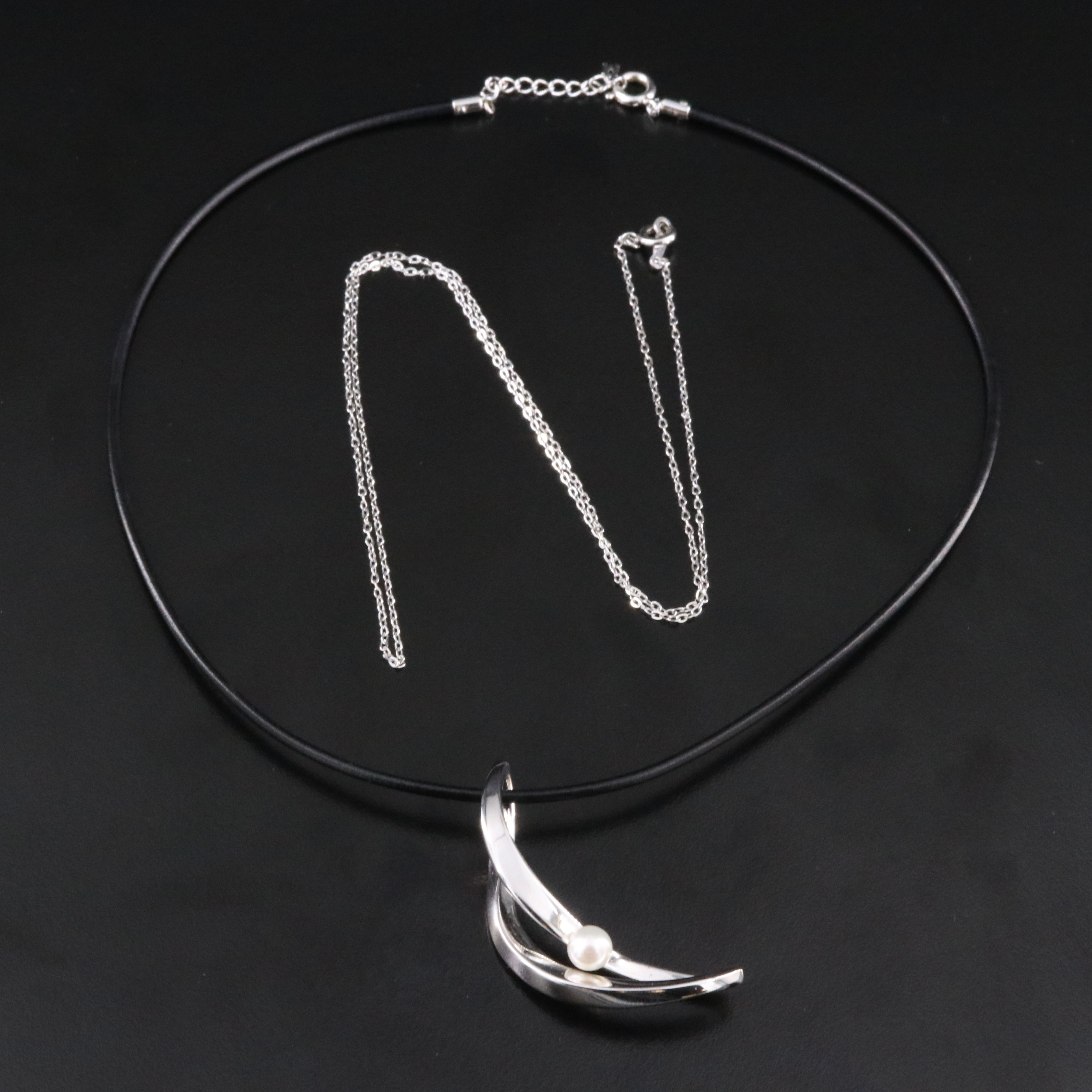 Mikimoto Sterling Curved Pearl Pendant with Black Leather Cord and Chain