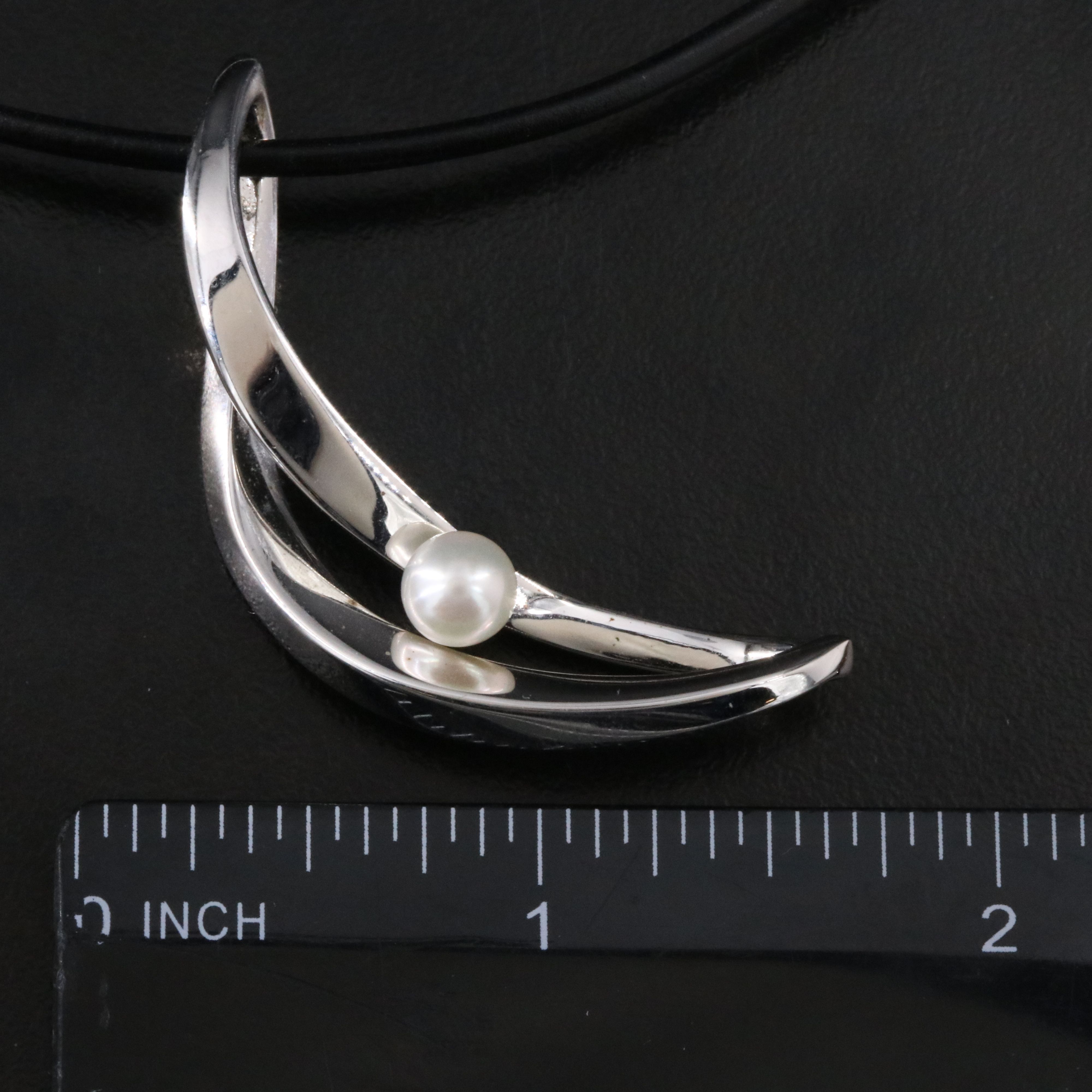 Mikimoto Sterling Curved Pearl Pendant with Black Leather Cord and Chain