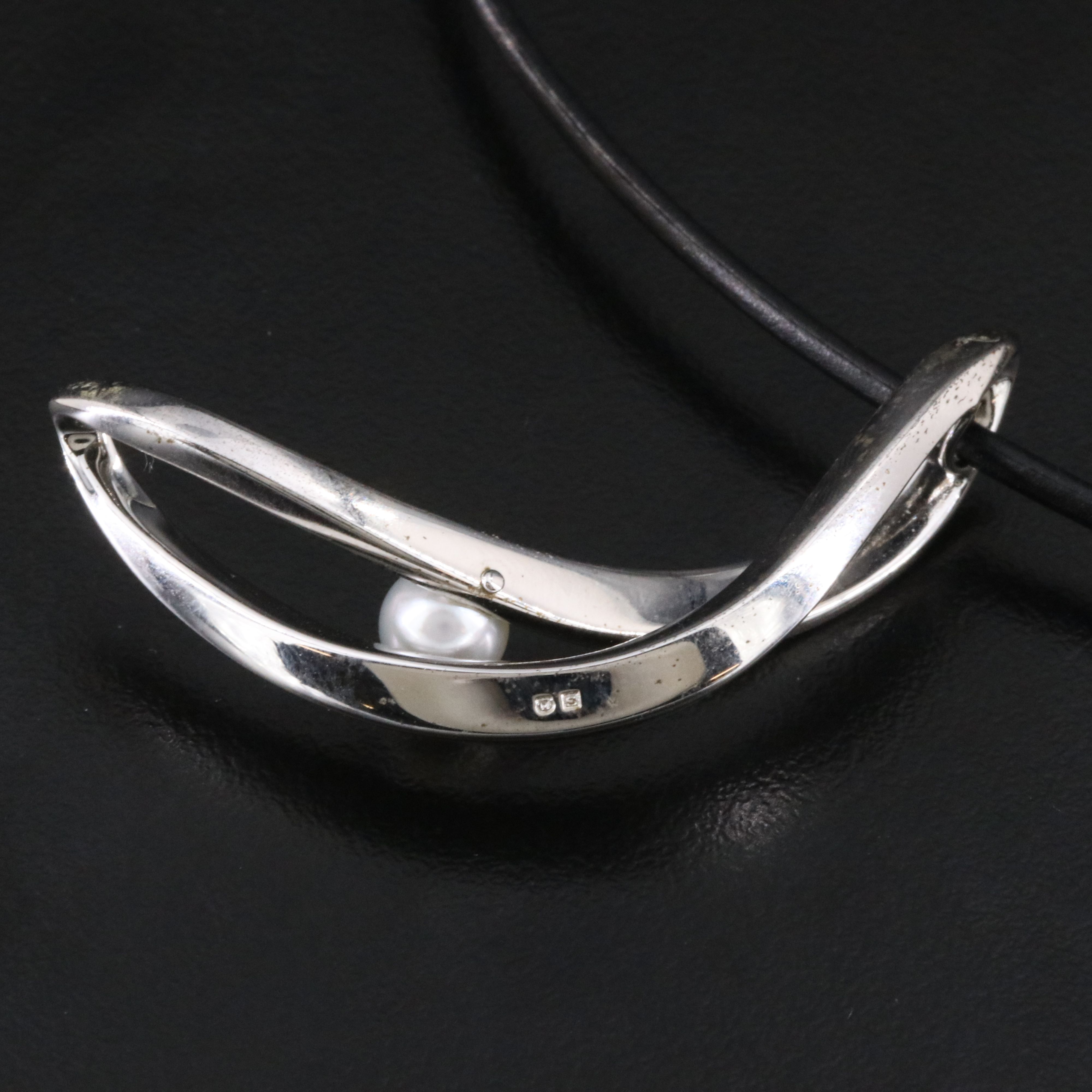 Mikimoto Sterling Curved Pearl Pendant with Black Leather Cord and Chain