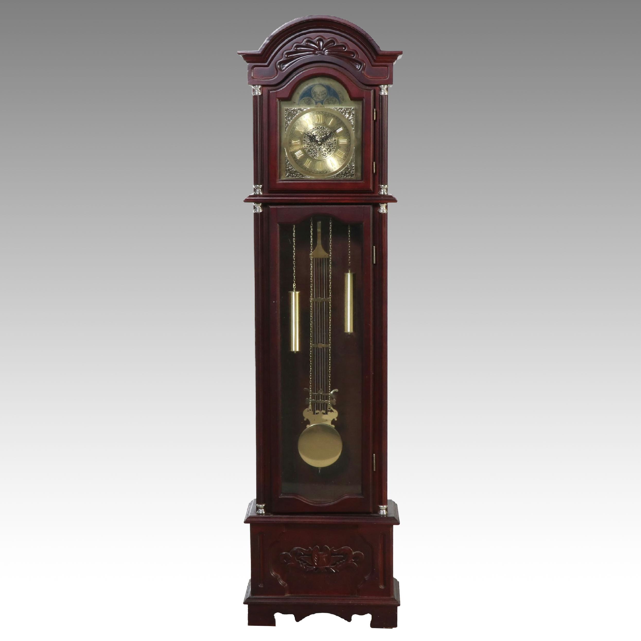 Victorian Style Mahogany Finish Grandfather Clock with Moon Phase Face