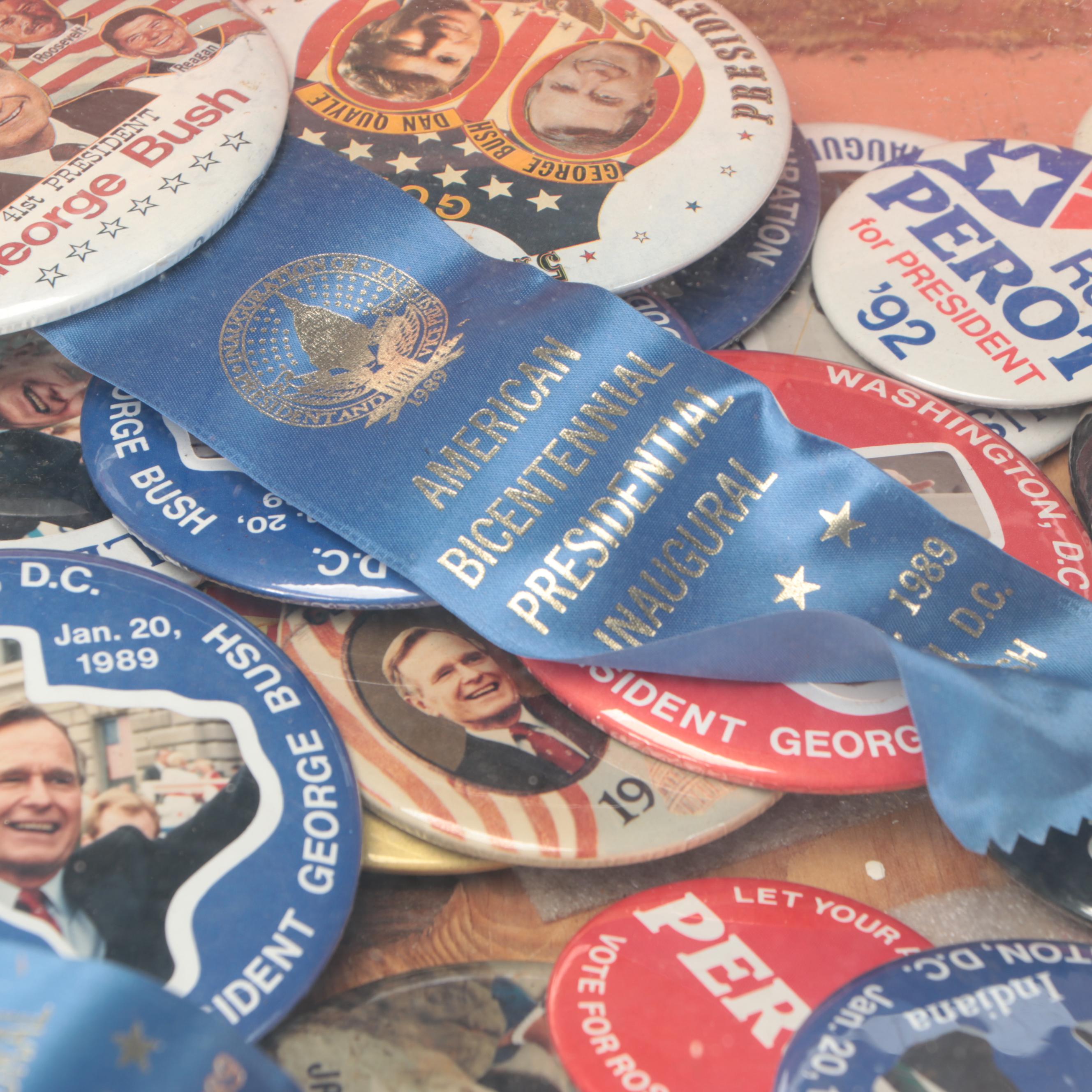 Assortment of Political Campaign Pushback Pins in Wood Cabinet