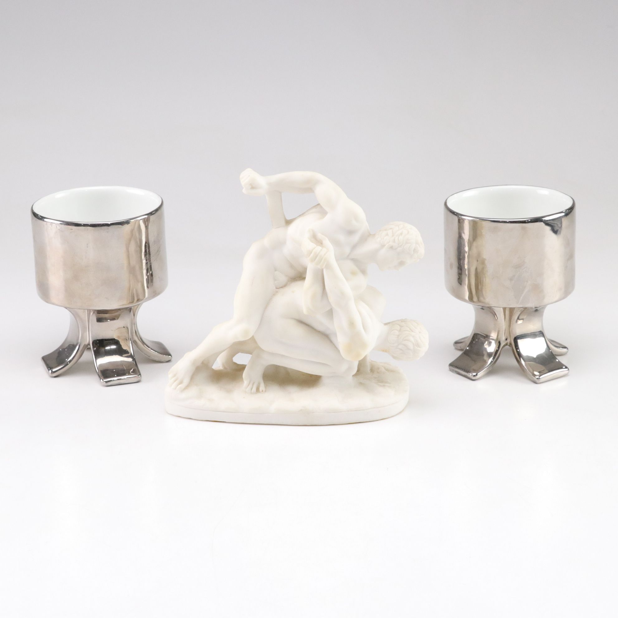 Greek "The Wrestlers" Marble Replica Statue with Modern Italian Ceramic Goblets