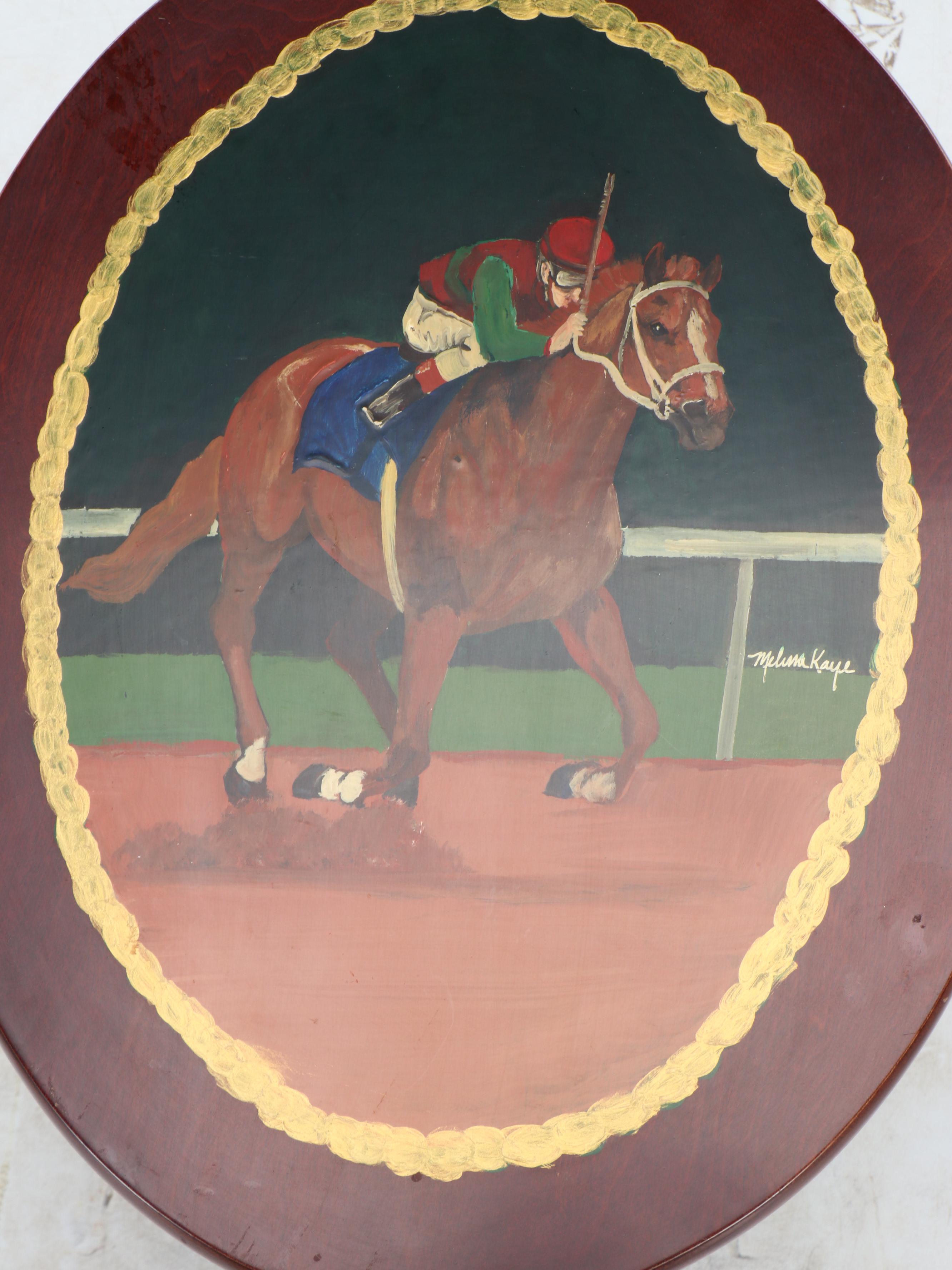 Colonial Revival Hand-Painted Horse and Jockey Wood Side Table