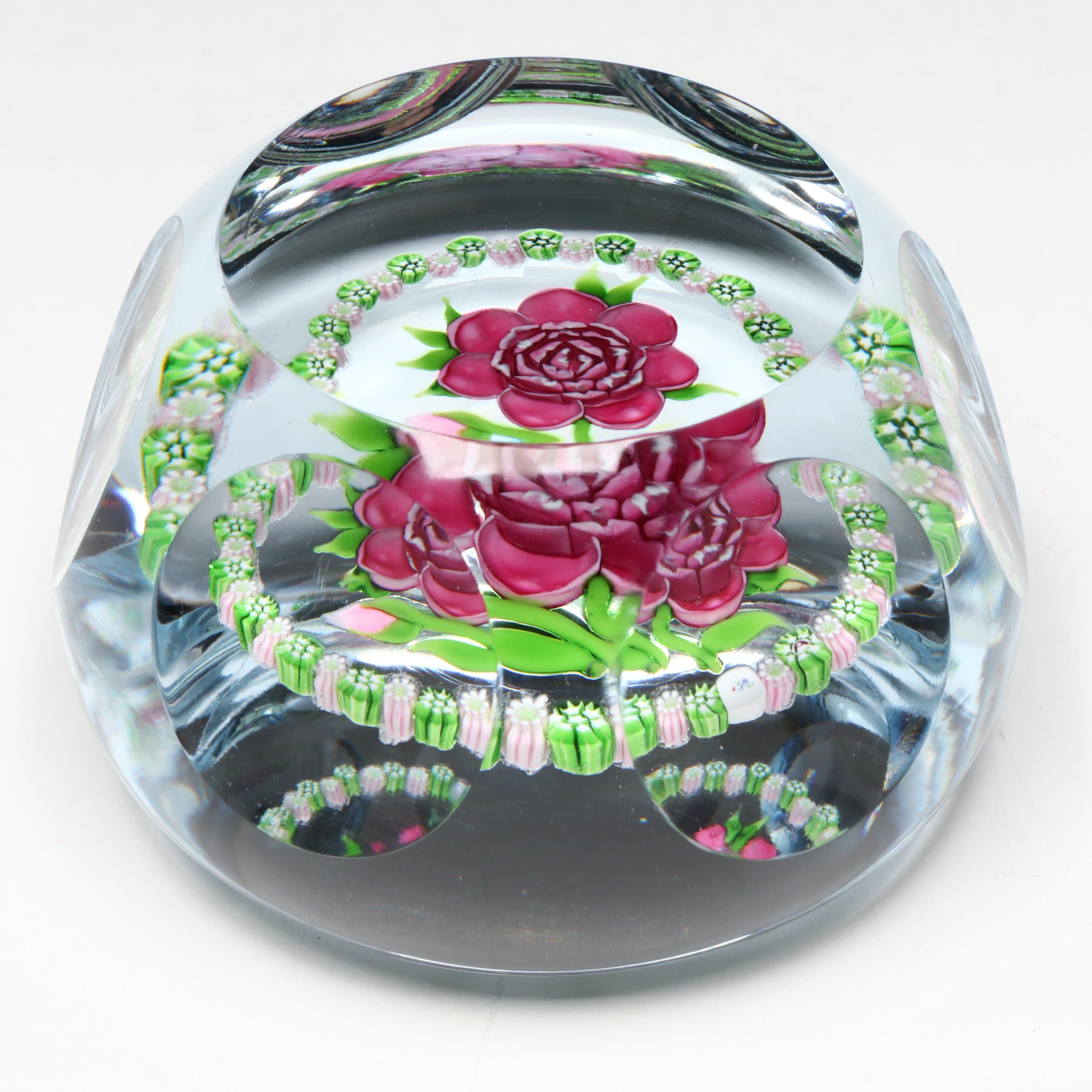 John Deacons Rose with Millefiori Ring Glass Paperweight, 1980
