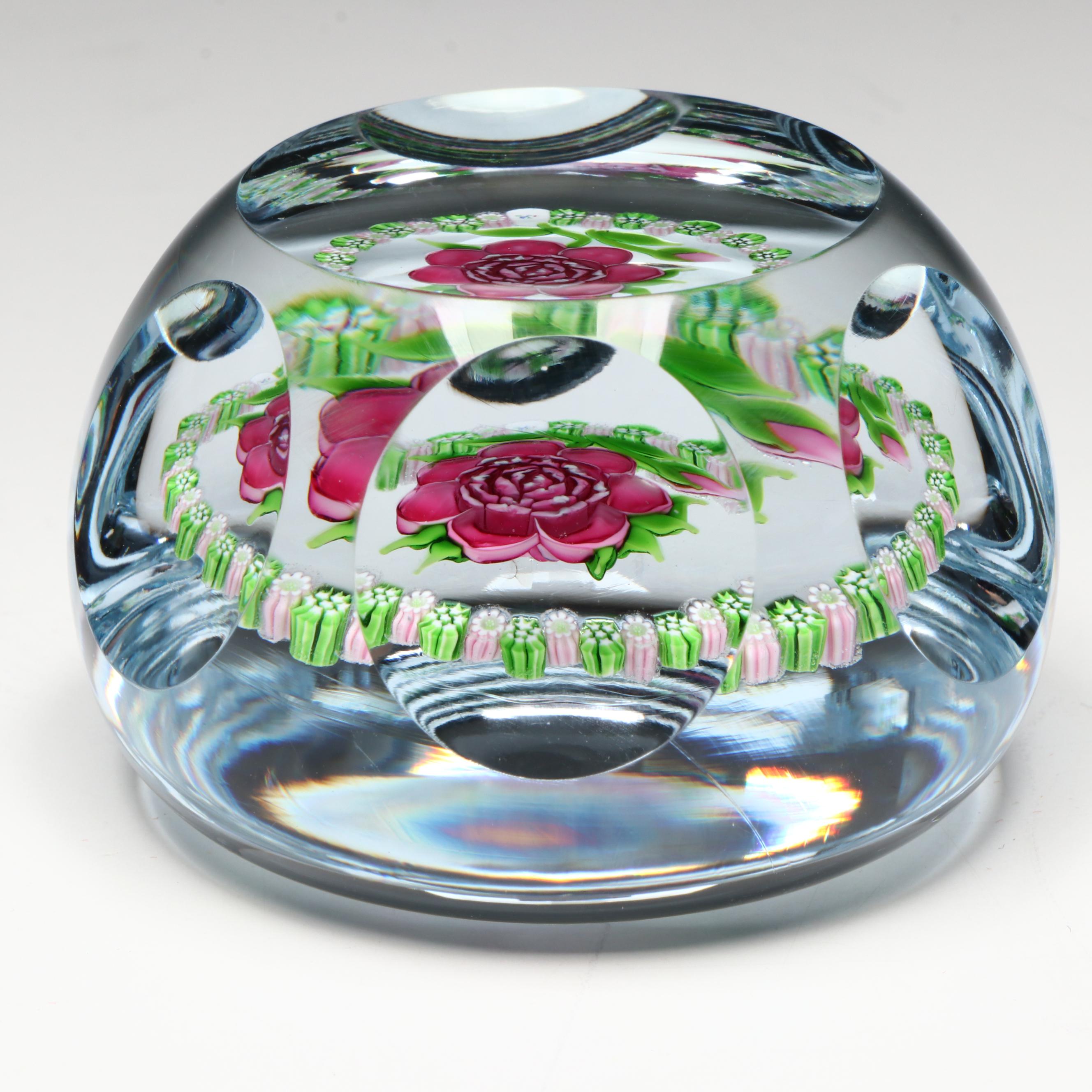 John Deacons Rose with Millefiori Ring Glass Paperweight, 1980