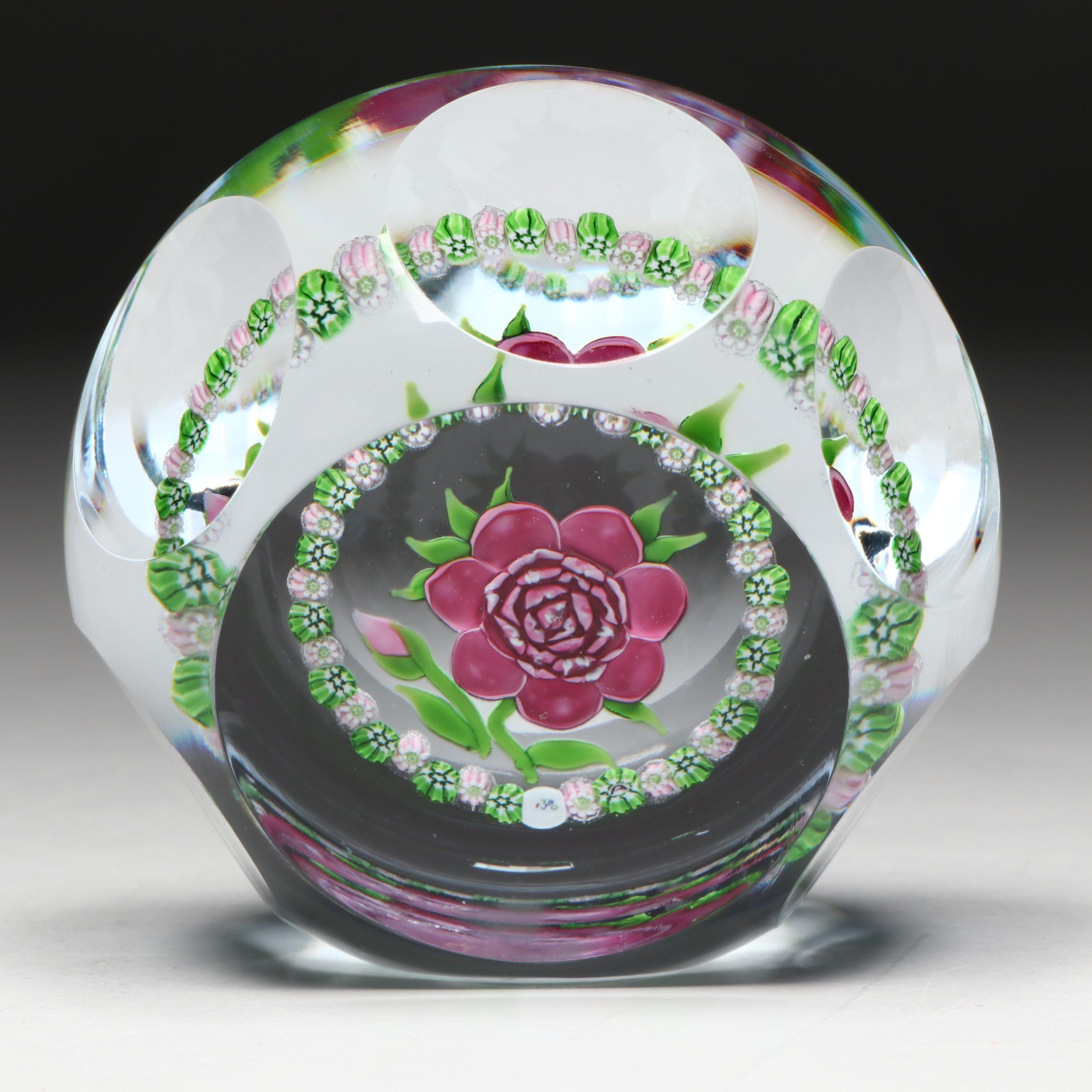 John Deacons Rose with Millefiori Ring Glass Paperweight, 1980