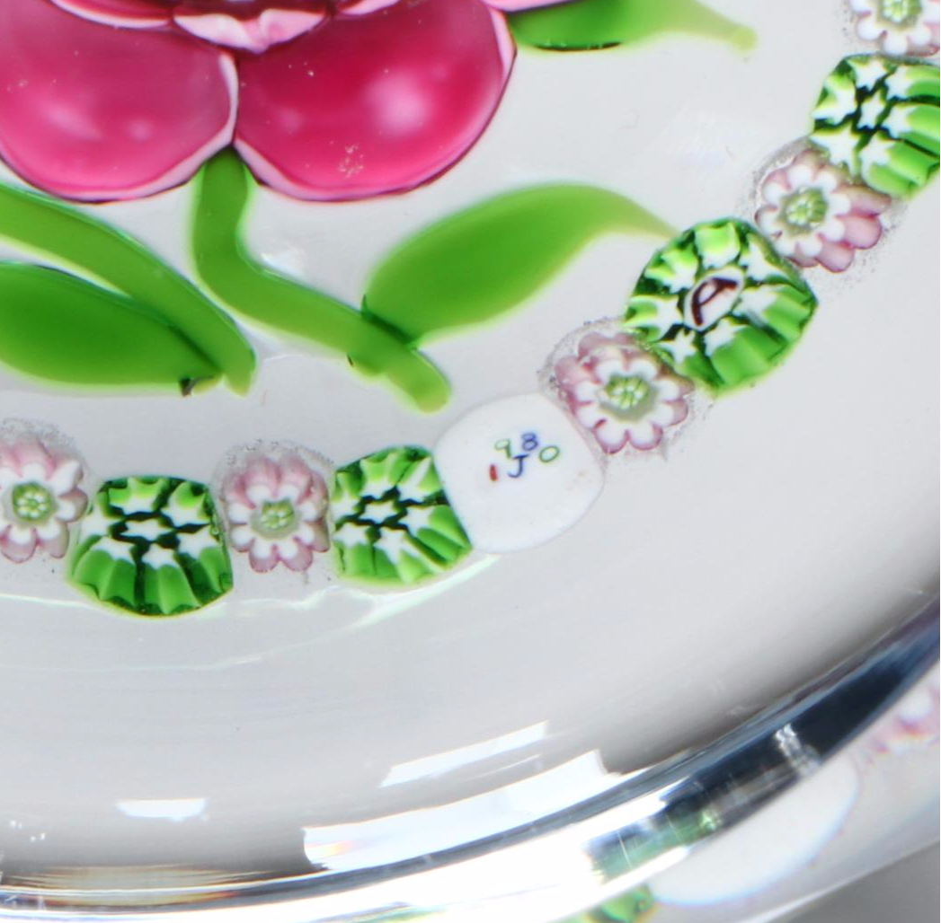 John Deacons Rose with Millefiori Ring Glass Paperweight, 1980