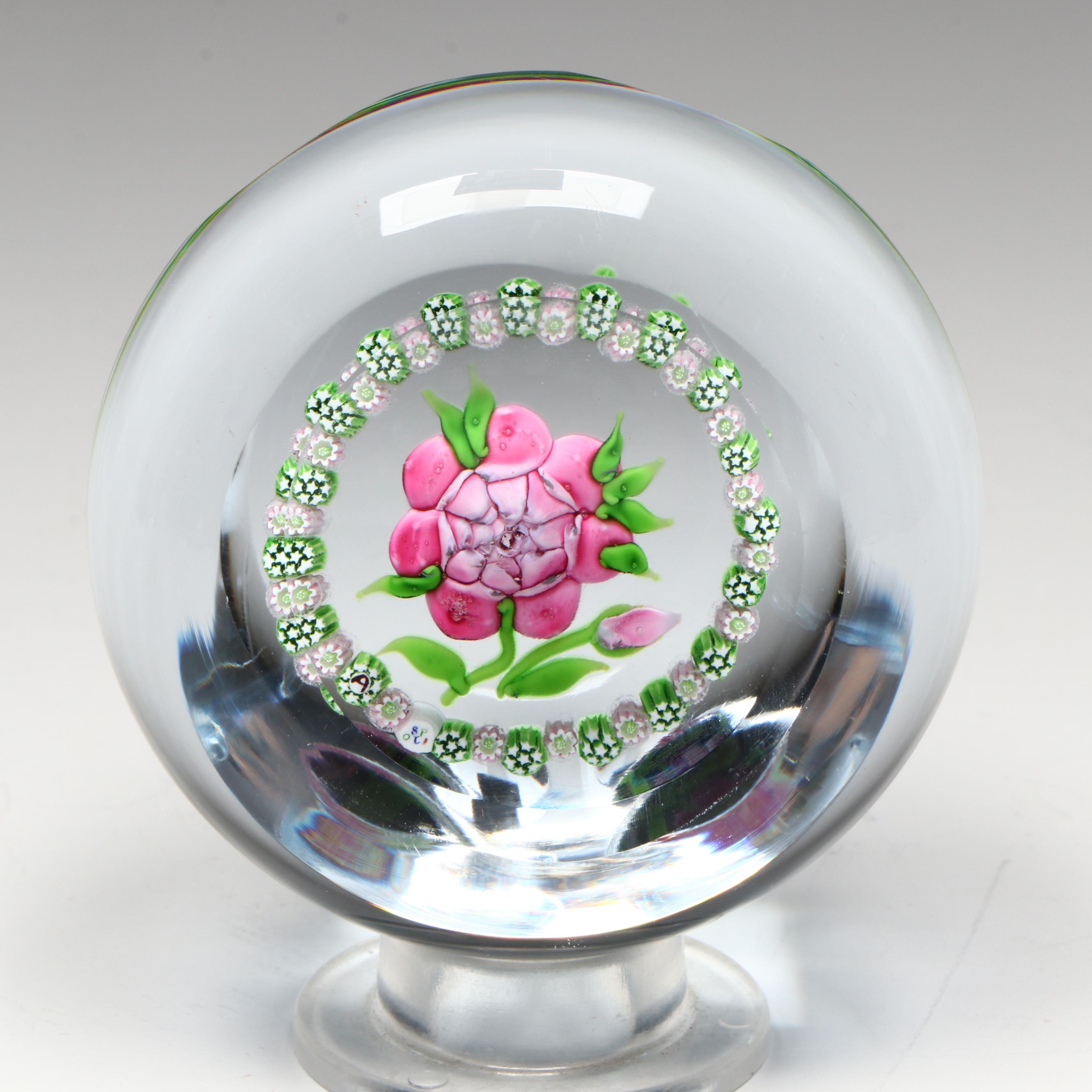 John Deacons Rose with Millefiori Ring Glass Paperweight, 1980