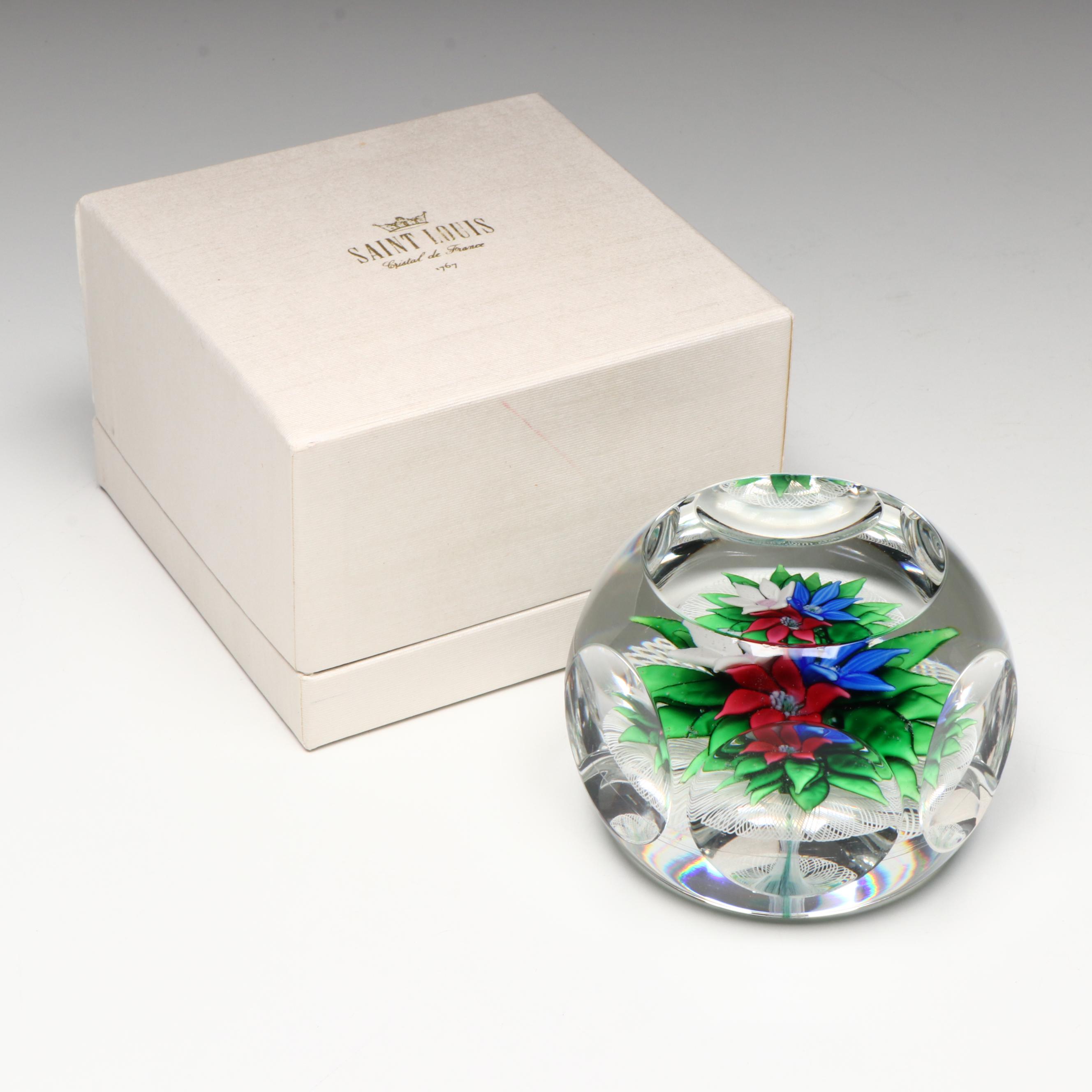 Saint-Louis Three Flower Bouquet on Mushroom Latticino Glass Paperweight, 1978