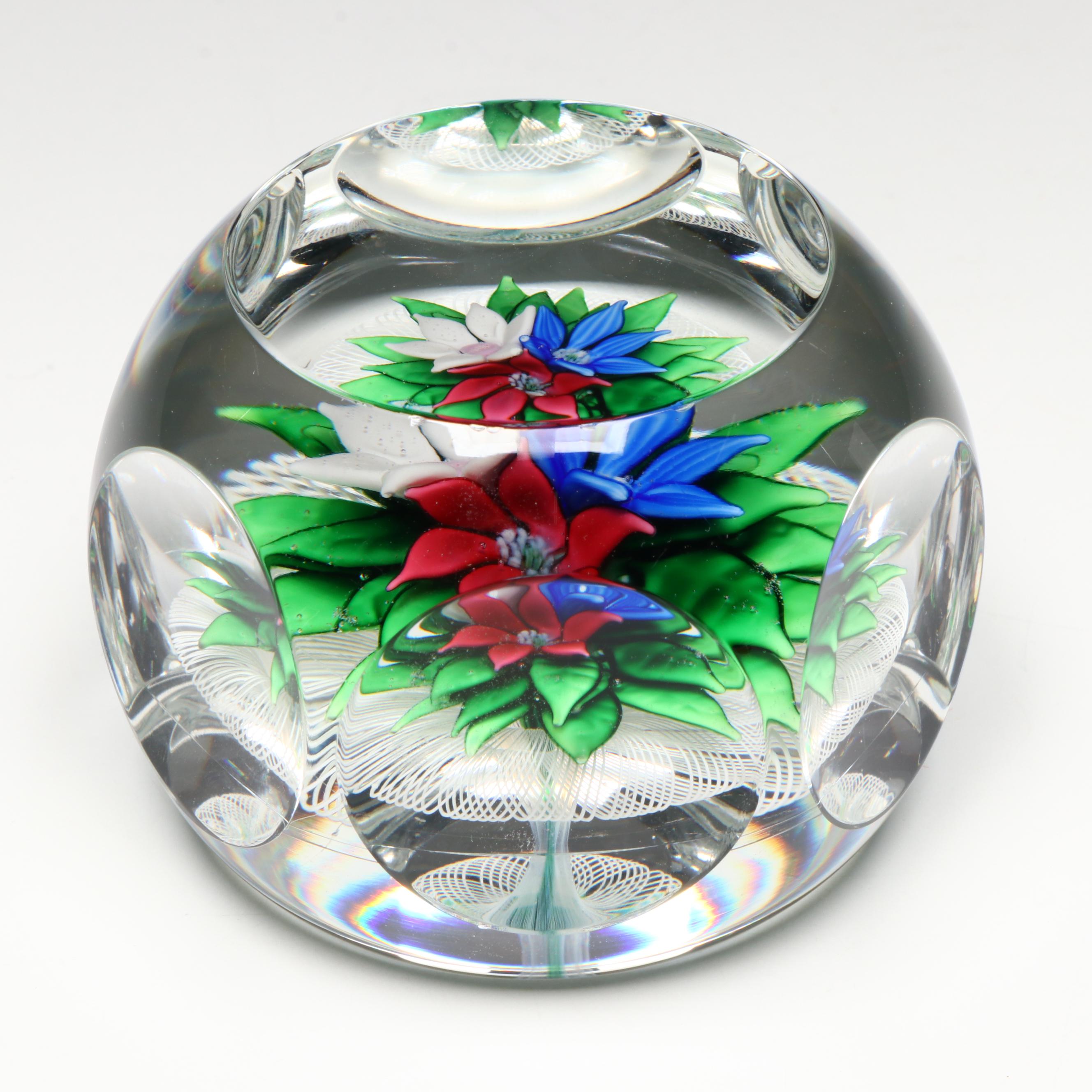 Saint-Louis Three Flower Bouquet on Mushroom Latticino Glass Paperweight, 1978