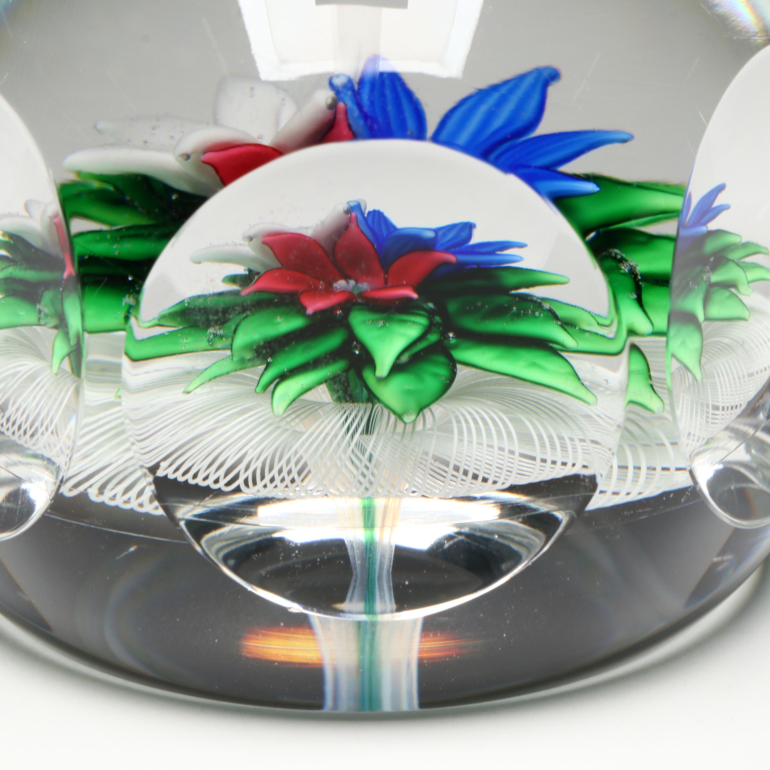 Saint-Louis Three Flower Bouquet on Mushroom Latticino Glass Paperweight, 1978