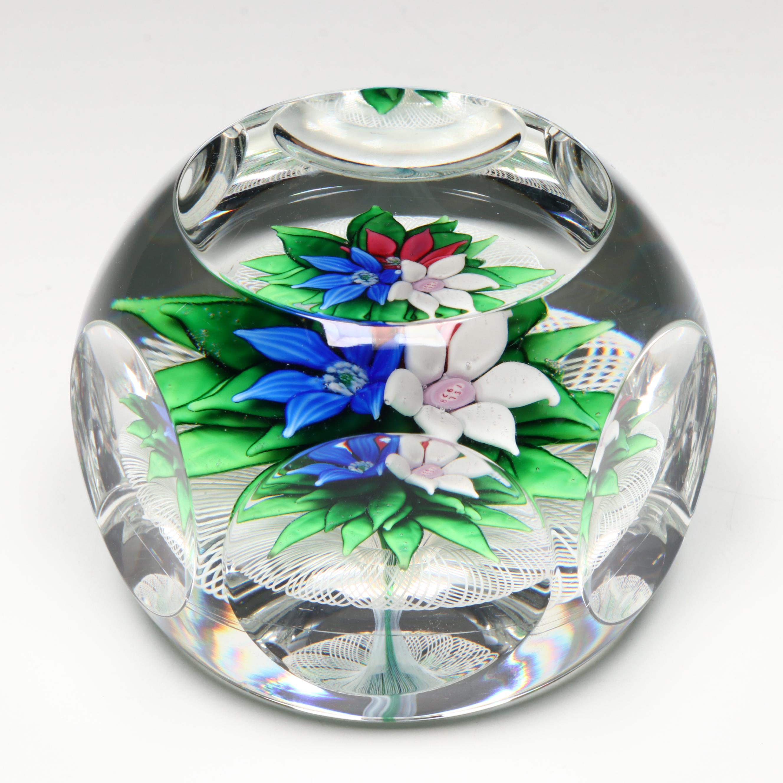 Saint-Louis Three Flower Bouquet on Mushroom Latticino Glass Paperweight, 1978