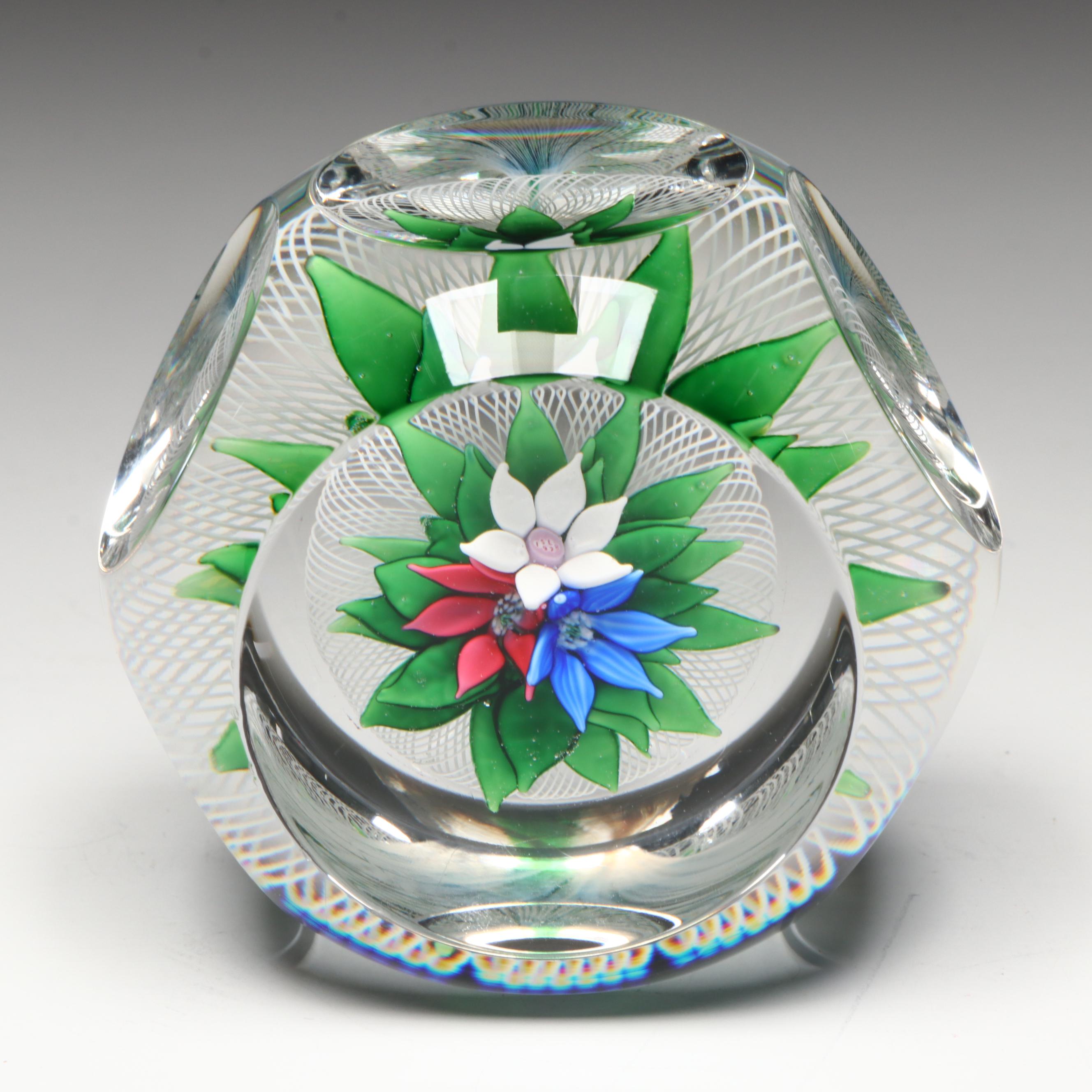 Saint-Louis Three Flower Bouquet on Mushroom Latticino Glass Paperweight, 1978