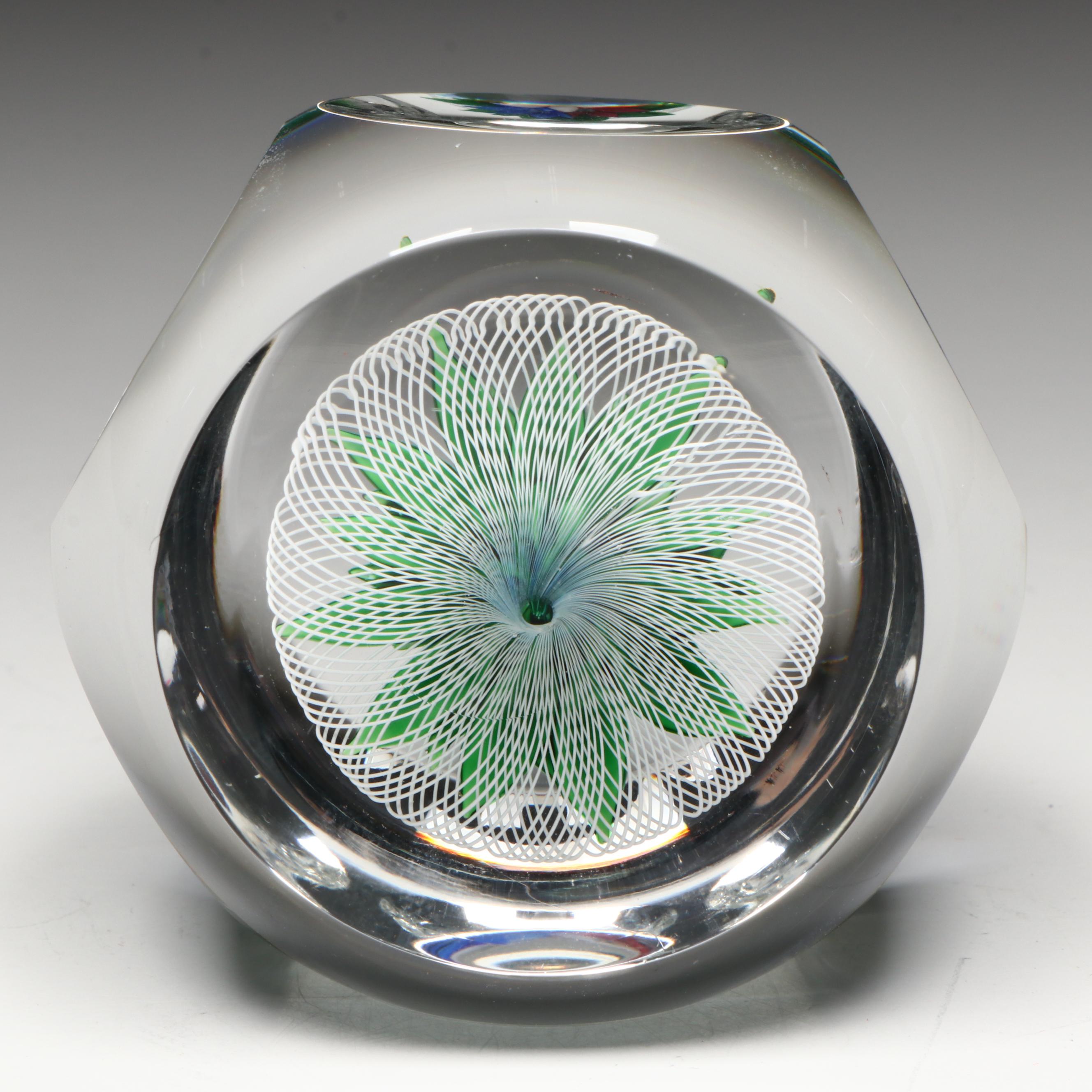 Saint-Louis Three Flower Bouquet on Mushroom Latticino Glass Paperweight, 1978