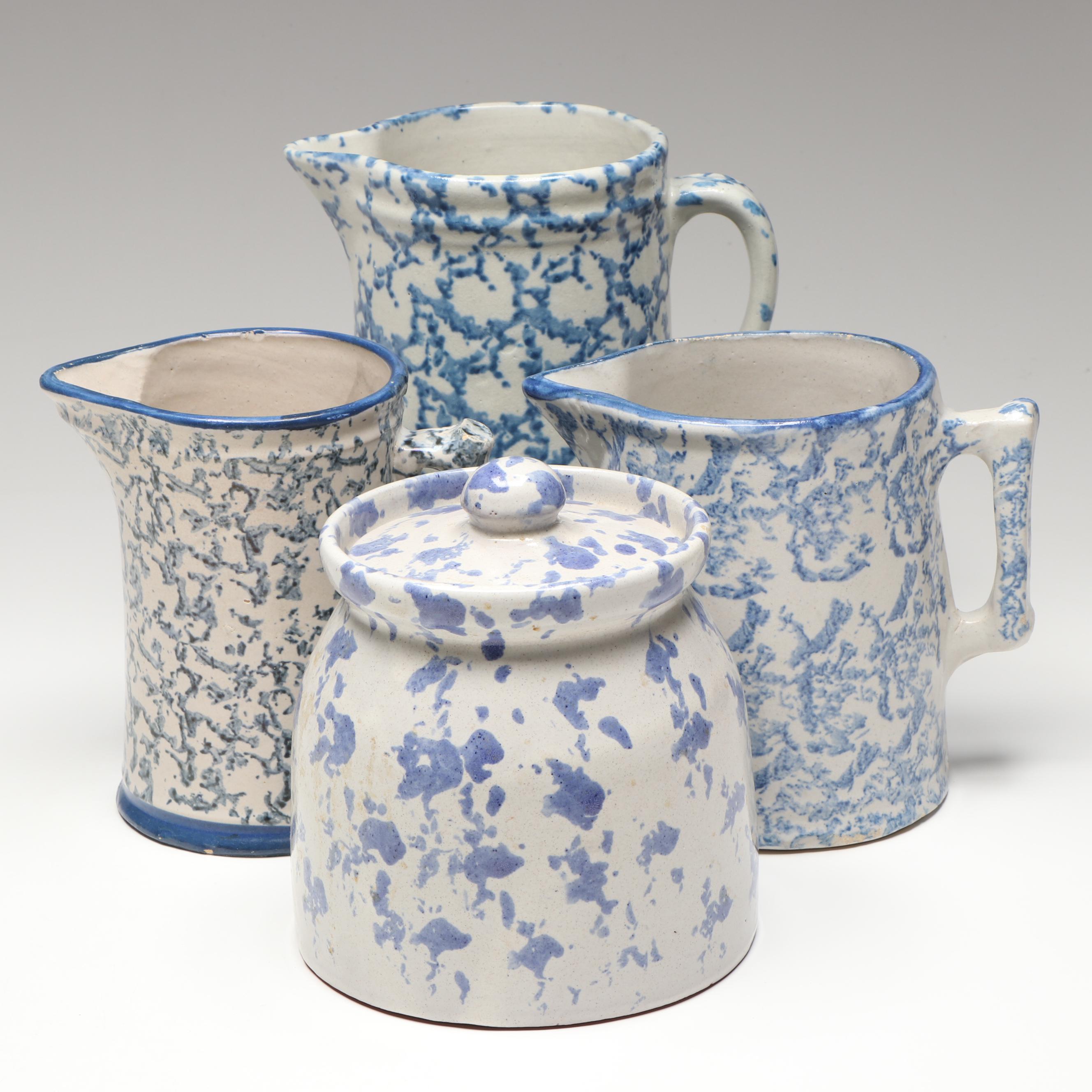 Studio Pottery Blue and White Ceramic Pitcher Vases and Lidded Jar