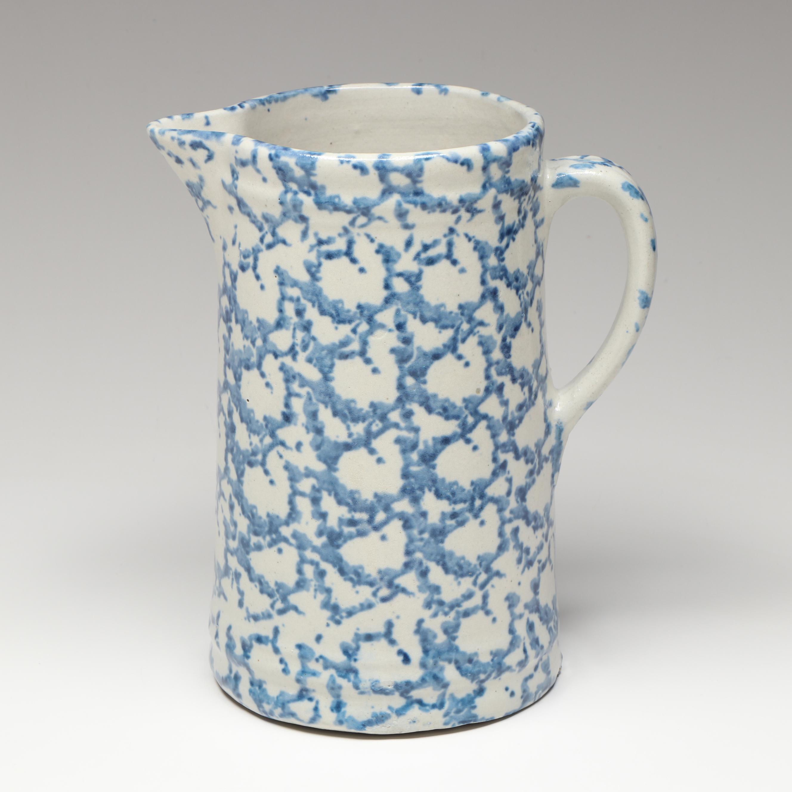 Studio Pottery Blue and White Ceramic Pitcher Vases and Lidded Jar