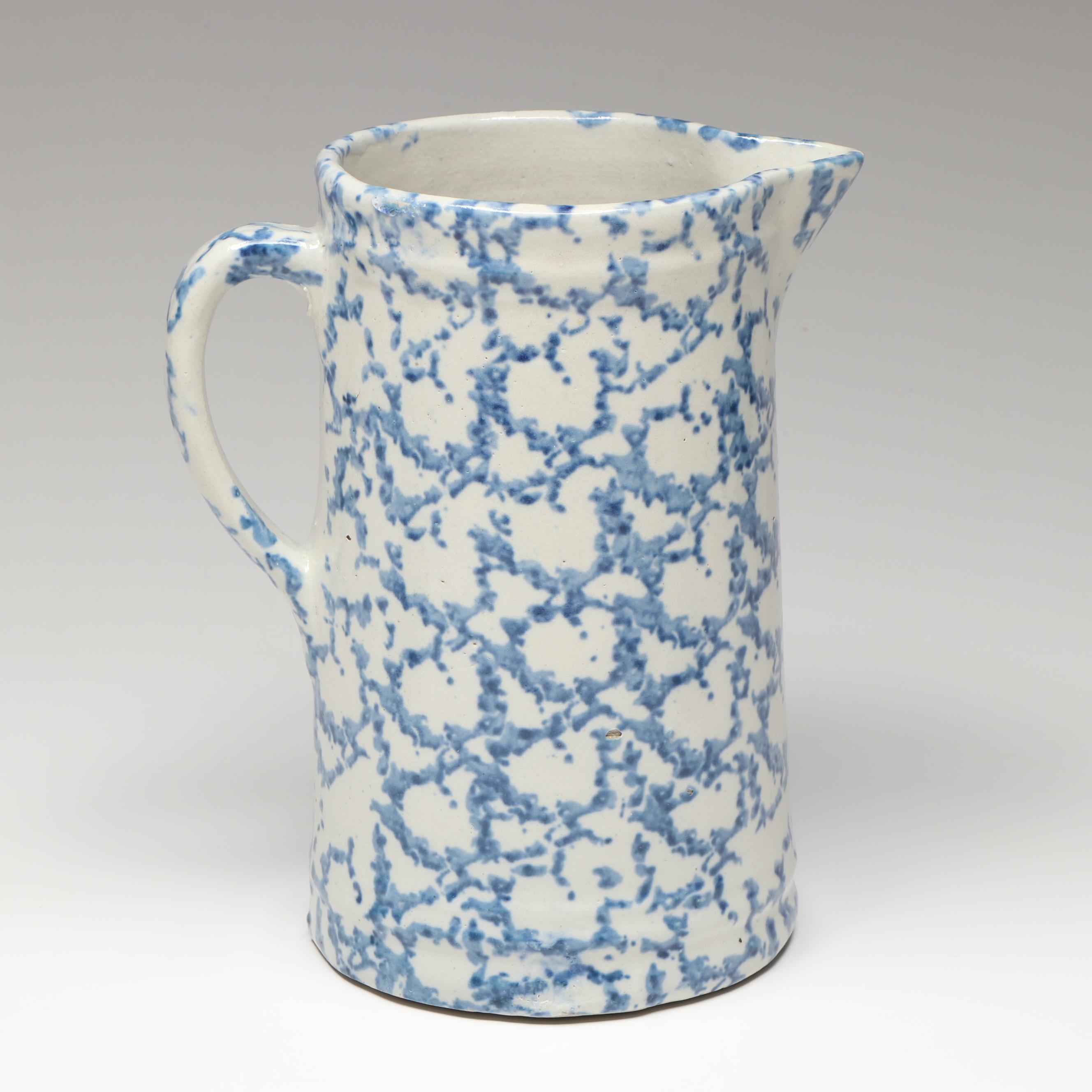 Studio Pottery Blue and White Ceramic Pitcher Vases and Lidded Jar