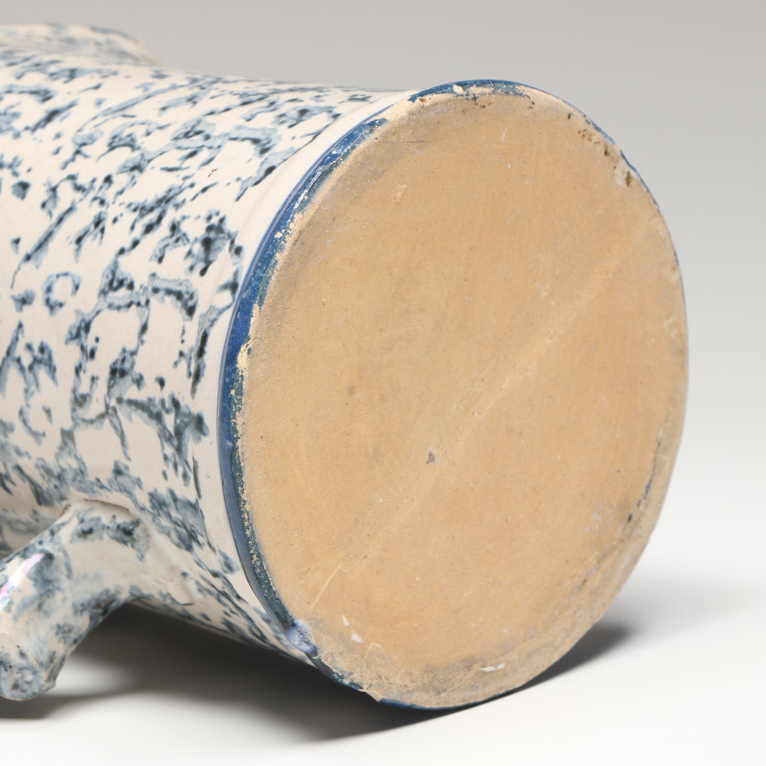 Studio Pottery Blue and White Ceramic Pitcher Vases and Lidded Jar