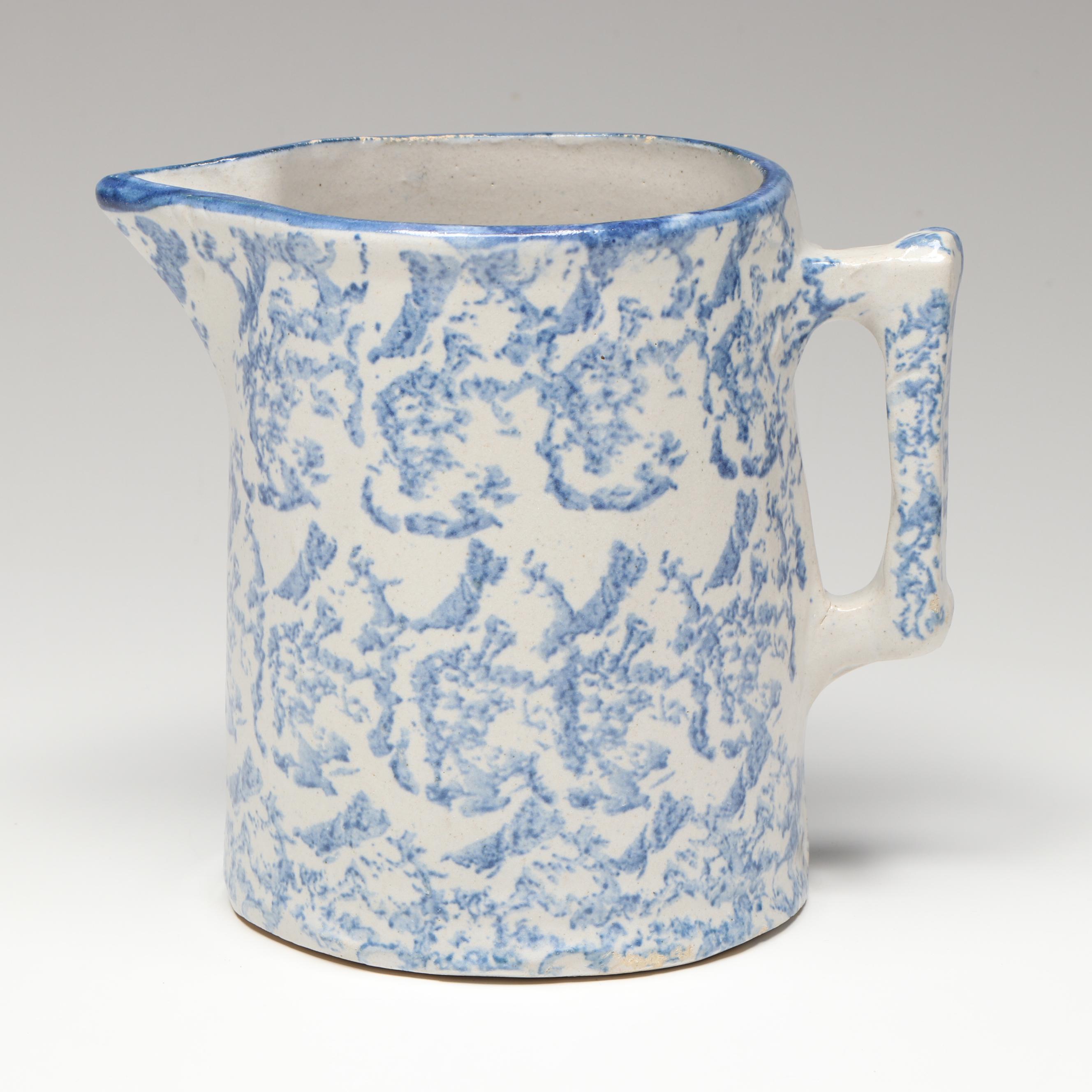 Studio Pottery Blue and White Ceramic Pitcher Vases and Lidded Jar