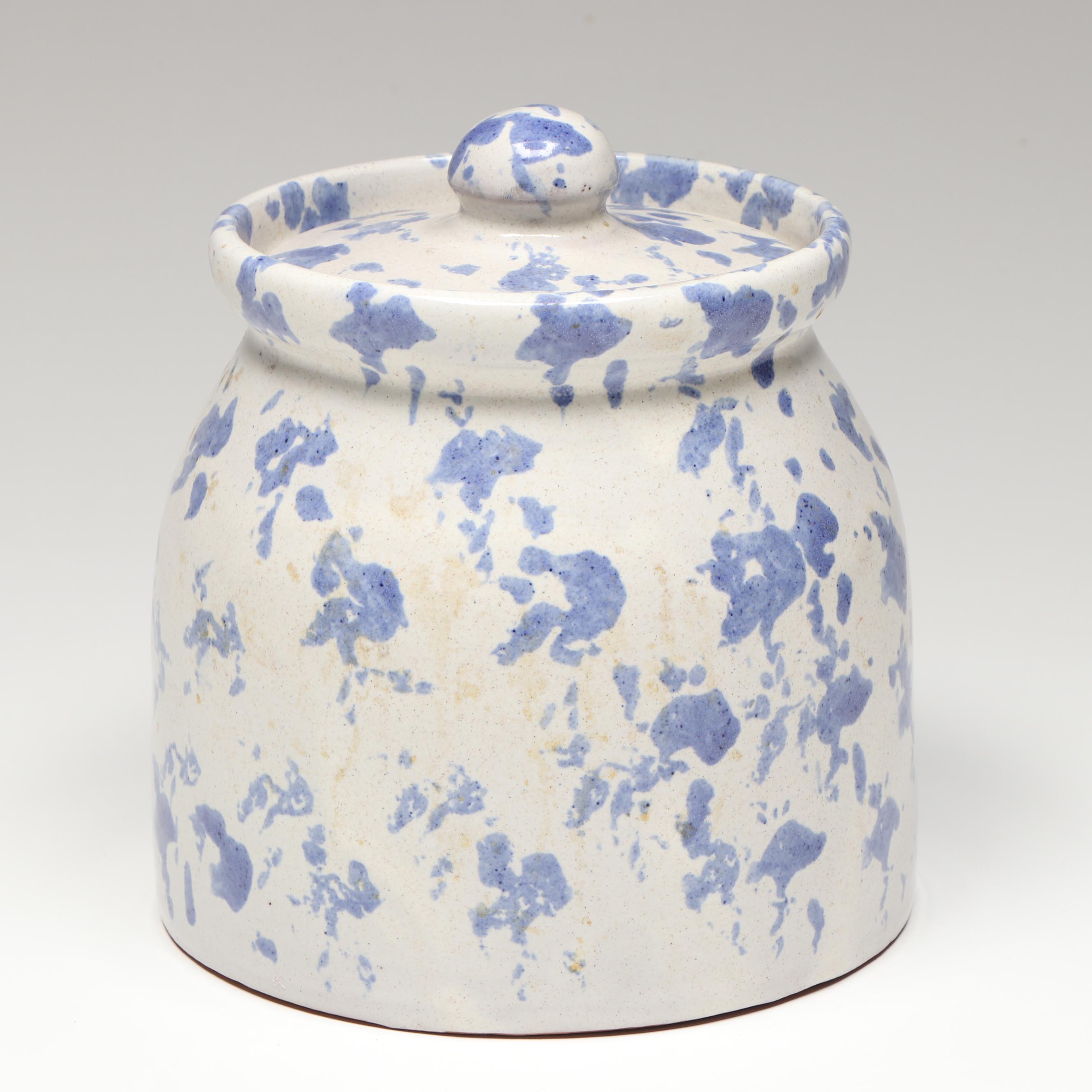 Studio Pottery Blue and White Ceramic Pitcher Vases and Lidded Jar