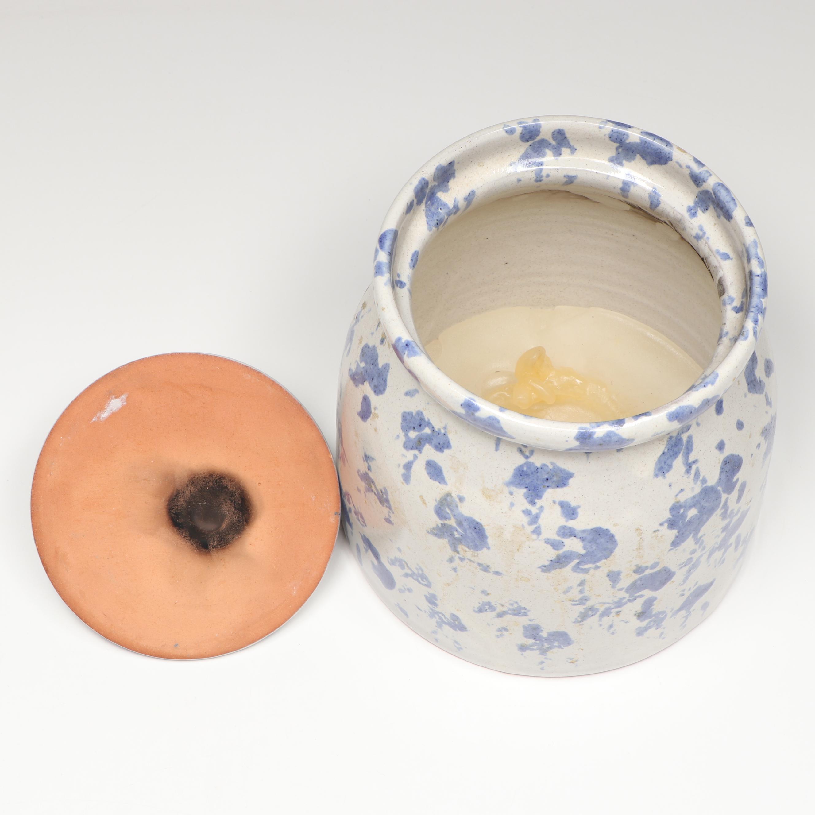 Studio Pottery Blue and White Ceramic Pitcher Vases and Lidded Jar