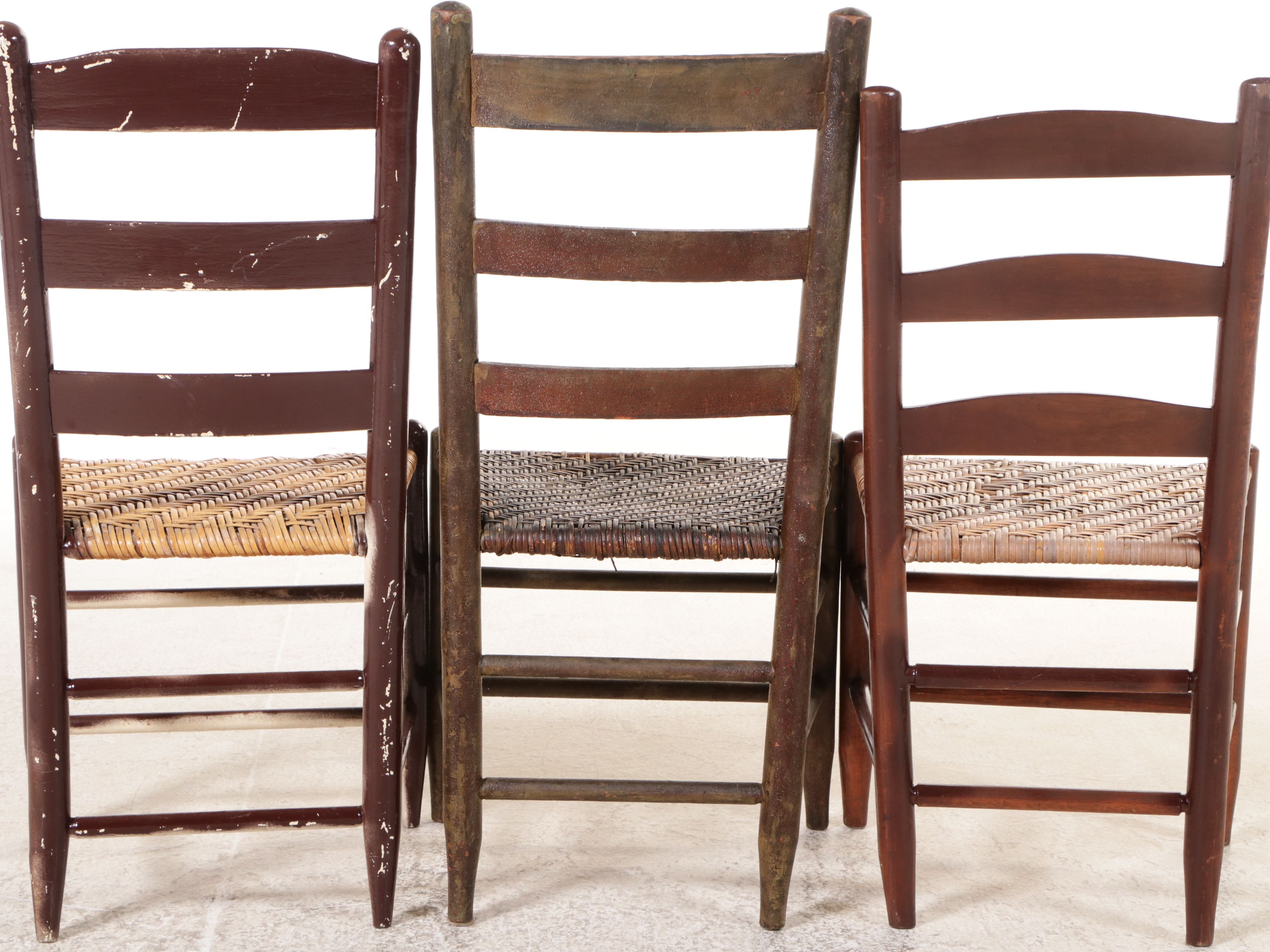 American Primitive Style Ladder-Back Chairs with Woven Splintwood Seats