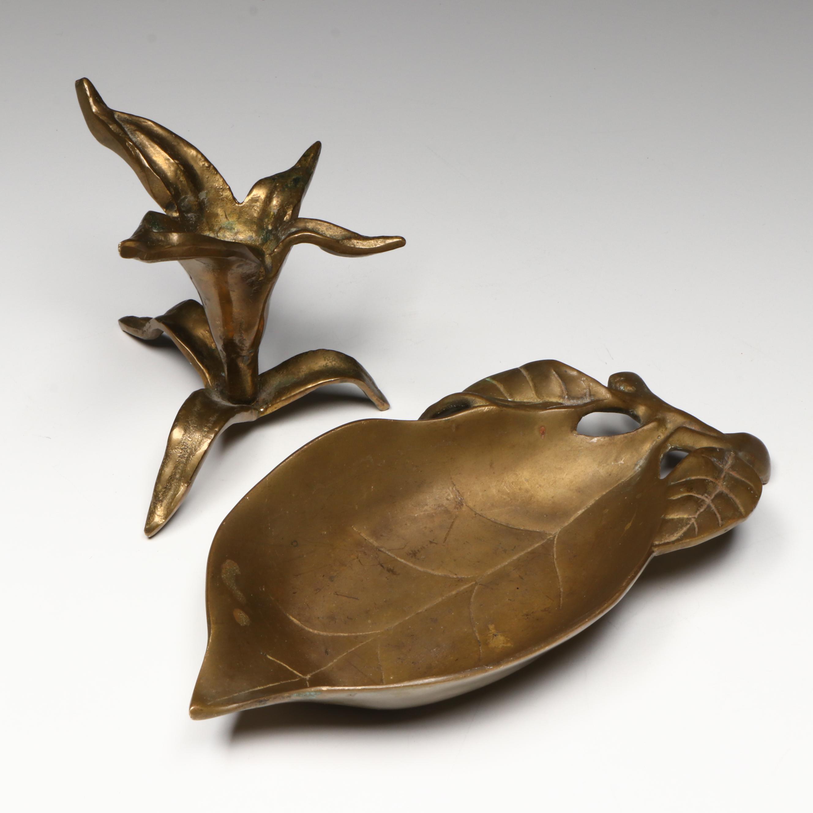 Brass Lily Candle Holder and Leaf Tray, Mid to Late 20th Century