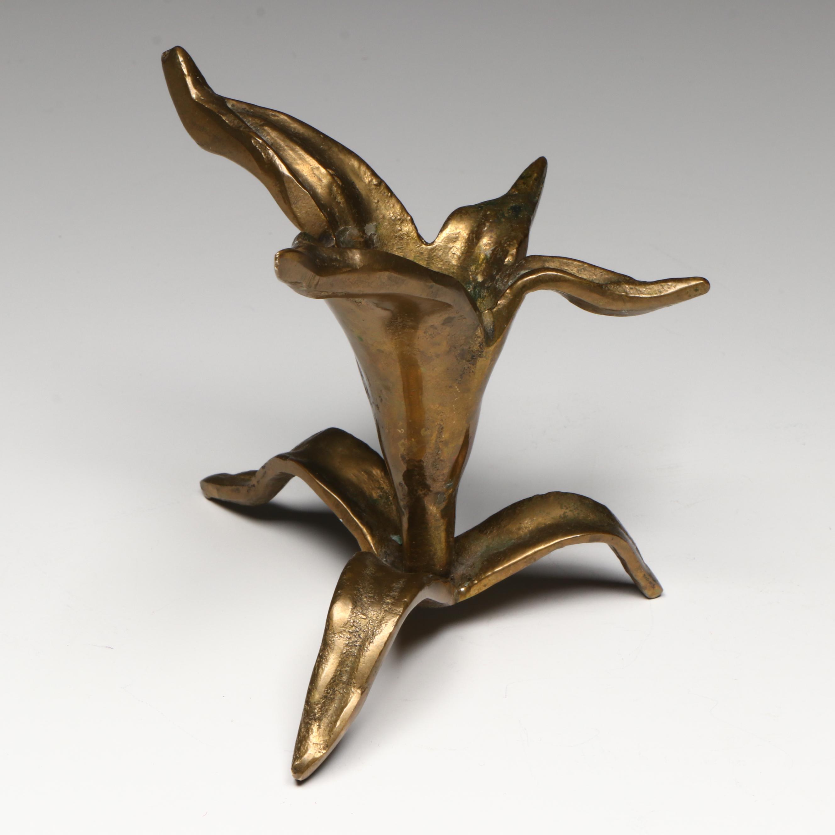Brass Lily Candle Holder and Leaf Tray, Mid to Late 20th Century