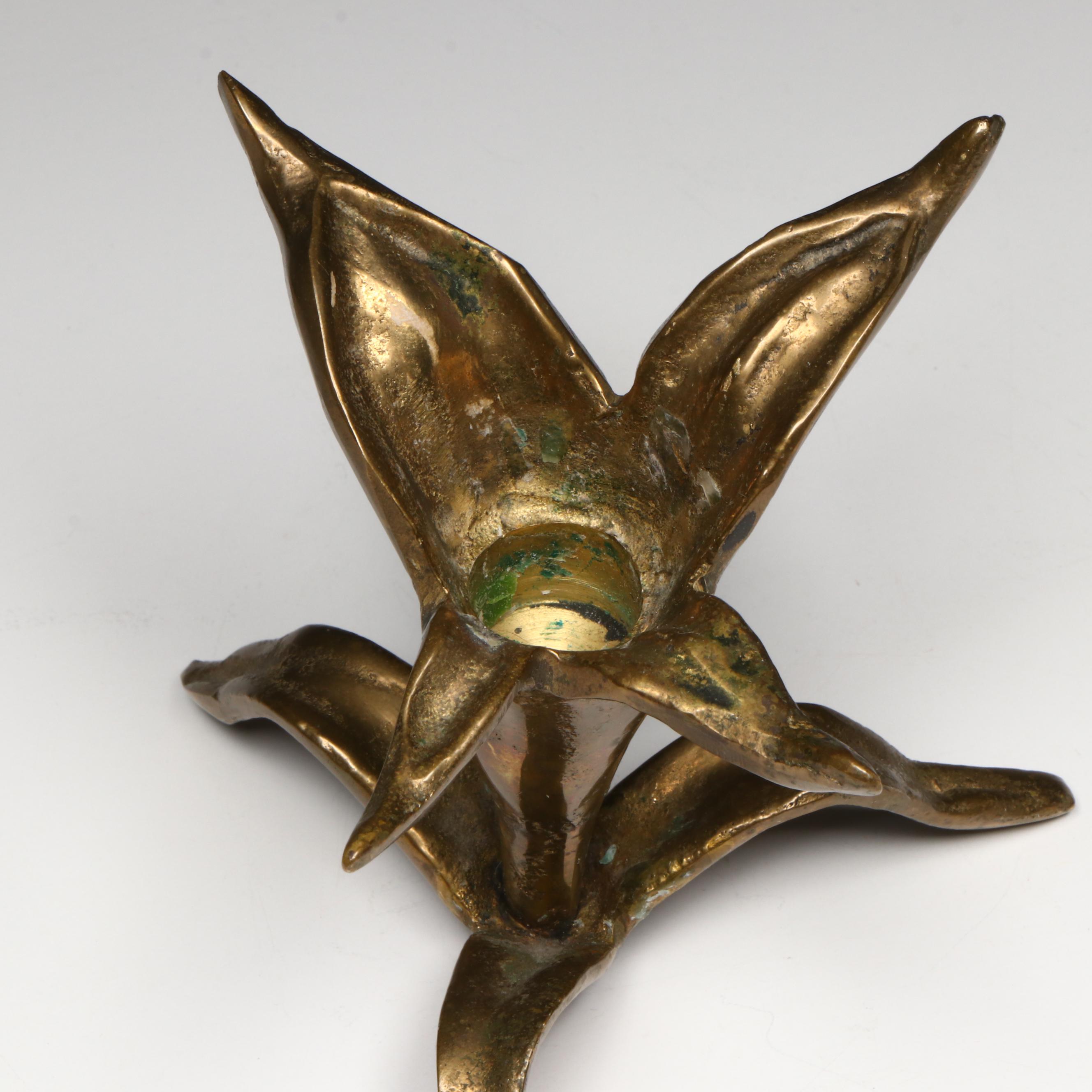 Brass Lily Candle Holder and Leaf Tray, Mid to Late 20th Century