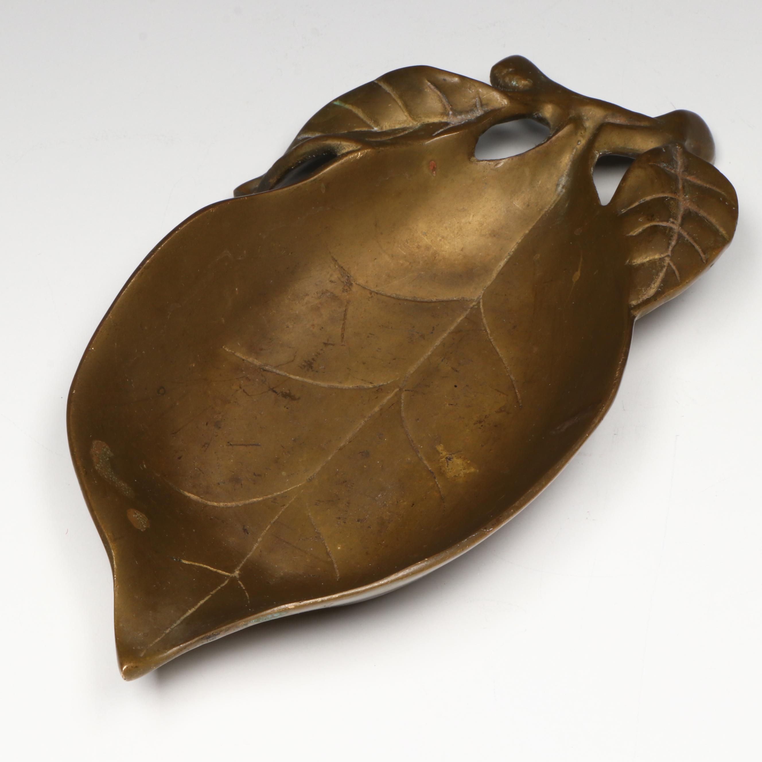 Brass Lily Candle Holder and Leaf Tray, Mid to Late 20th Century