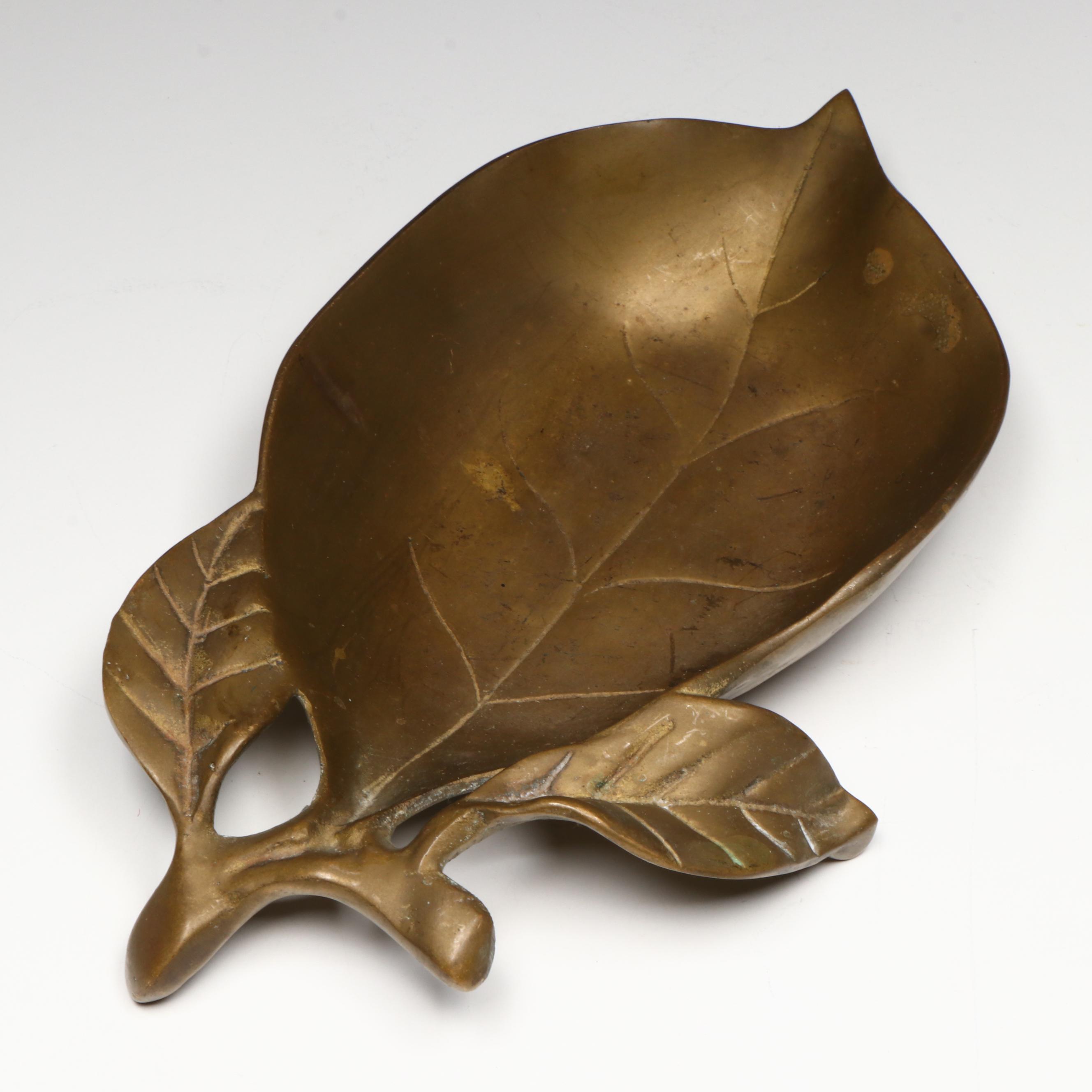 Brass Lily Candle Holder and Leaf Tray, Mid to Late 20th Century