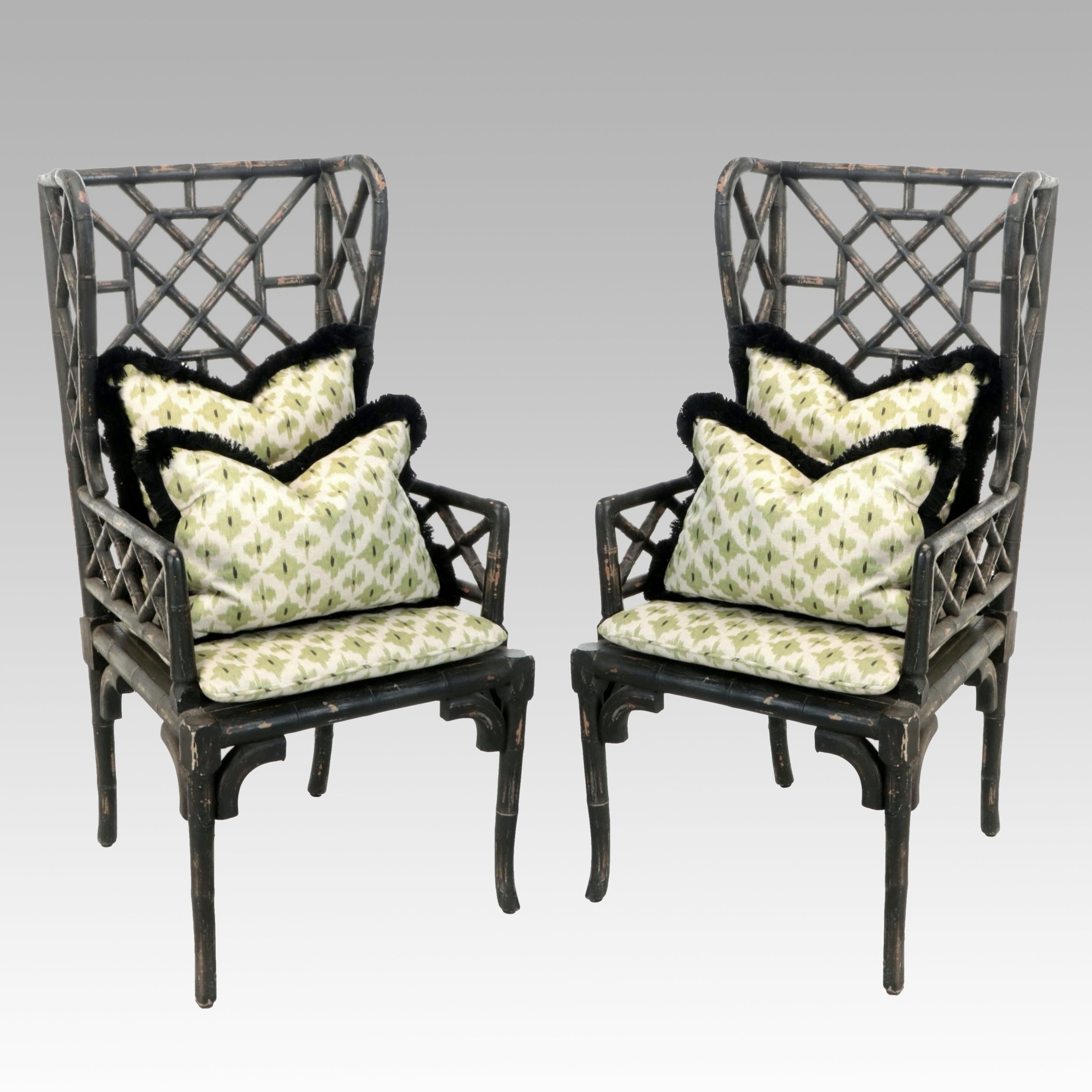 Pair of Guildmaster Brighton Pavilion Style Painted Rattan Wingback Chairs
