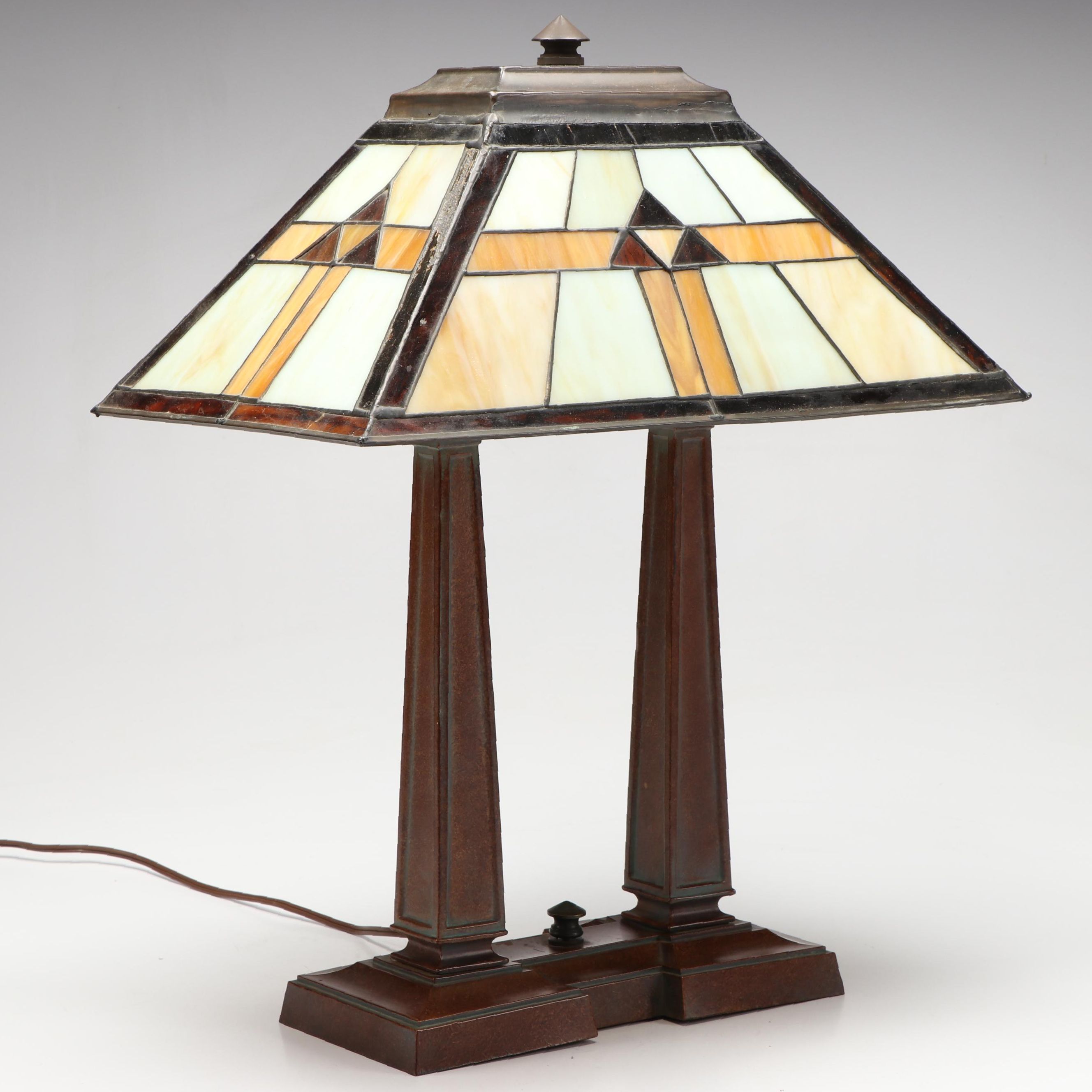 Art Deco Style Two Post Metal Table Lamp with Slag Glass Shade