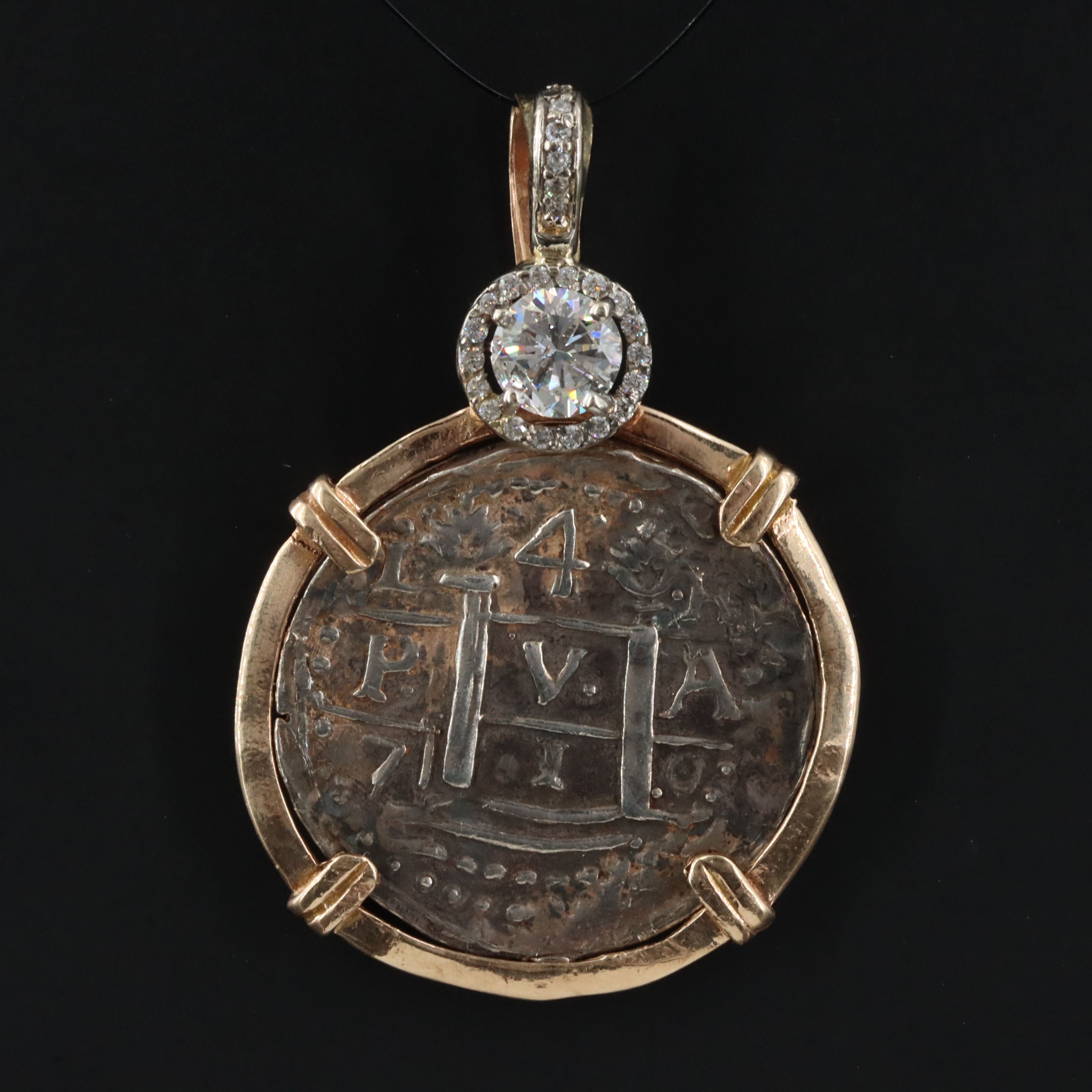 14K 0.75 CTW Diamond Pendant with Reproduction Spanish 4-Reales "Shipwreck" Coin
