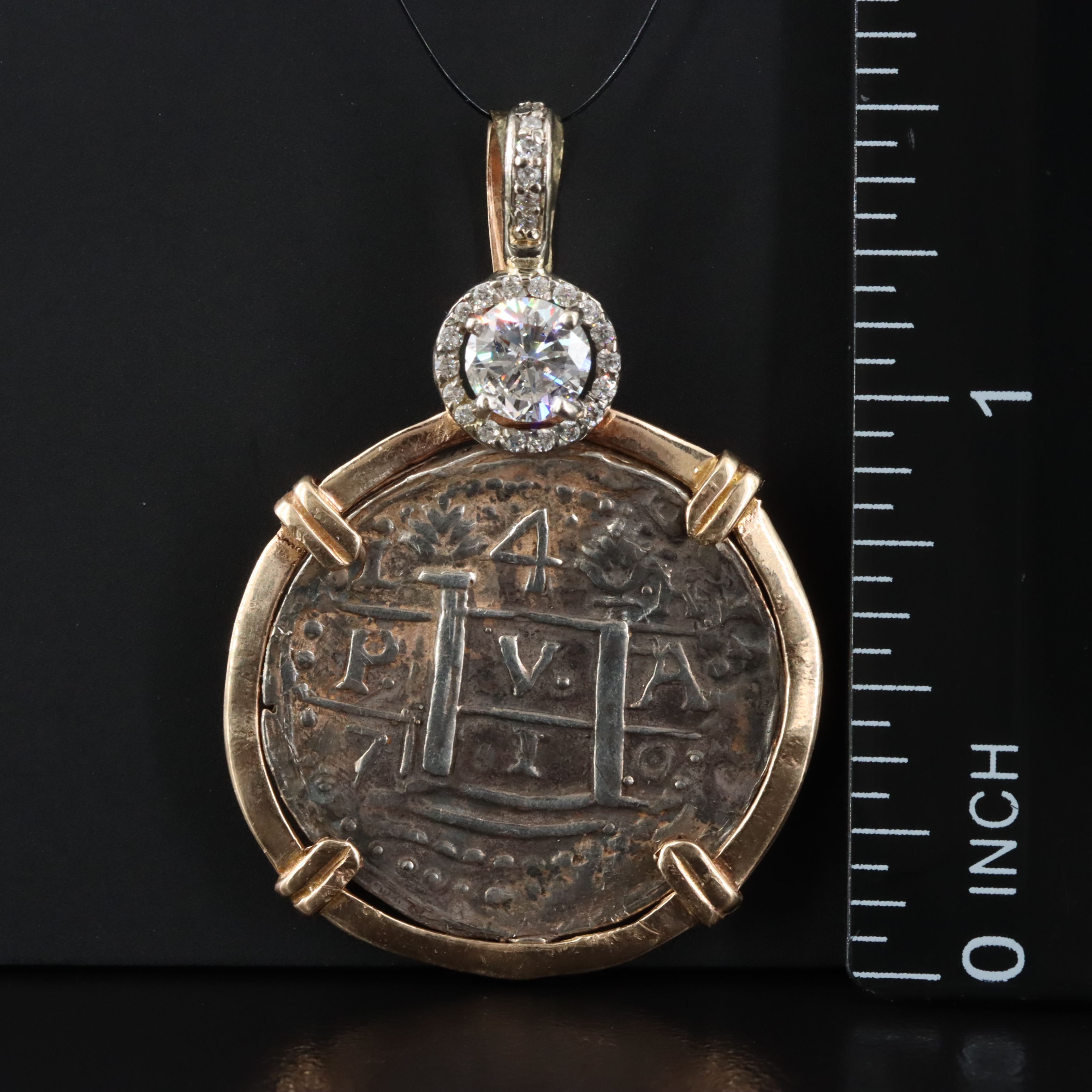 14K 0.75 CTW Diamond Pendant with Reproduction Spanish 4-Reales "Shipwreck" Coin