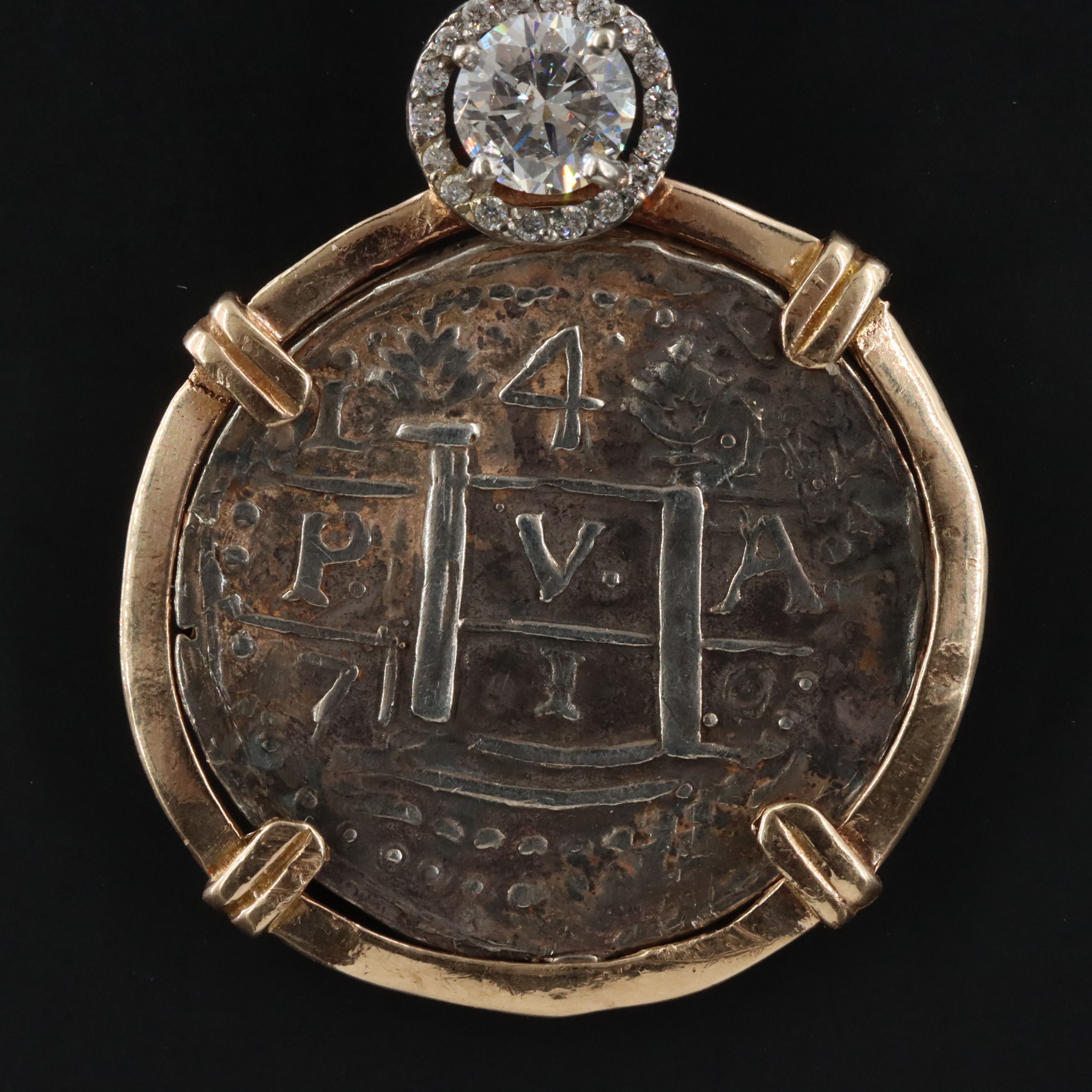 14K 0.75 CTW Diamond Pendant with Reproduction Spanish 4-Reales "Shipwreck" Coin