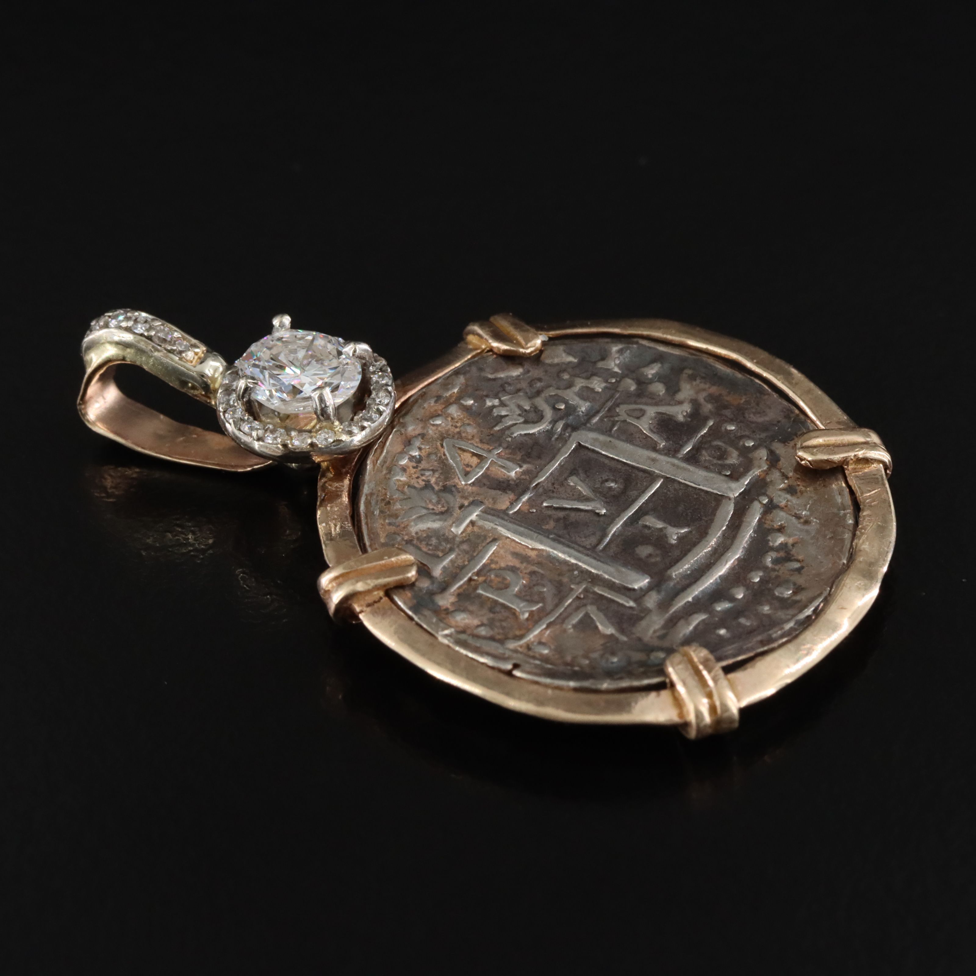 14K 0.75 CTW Diamond Pendant with Reproduction Spanish 4-Reales "Shipwreck" Coin