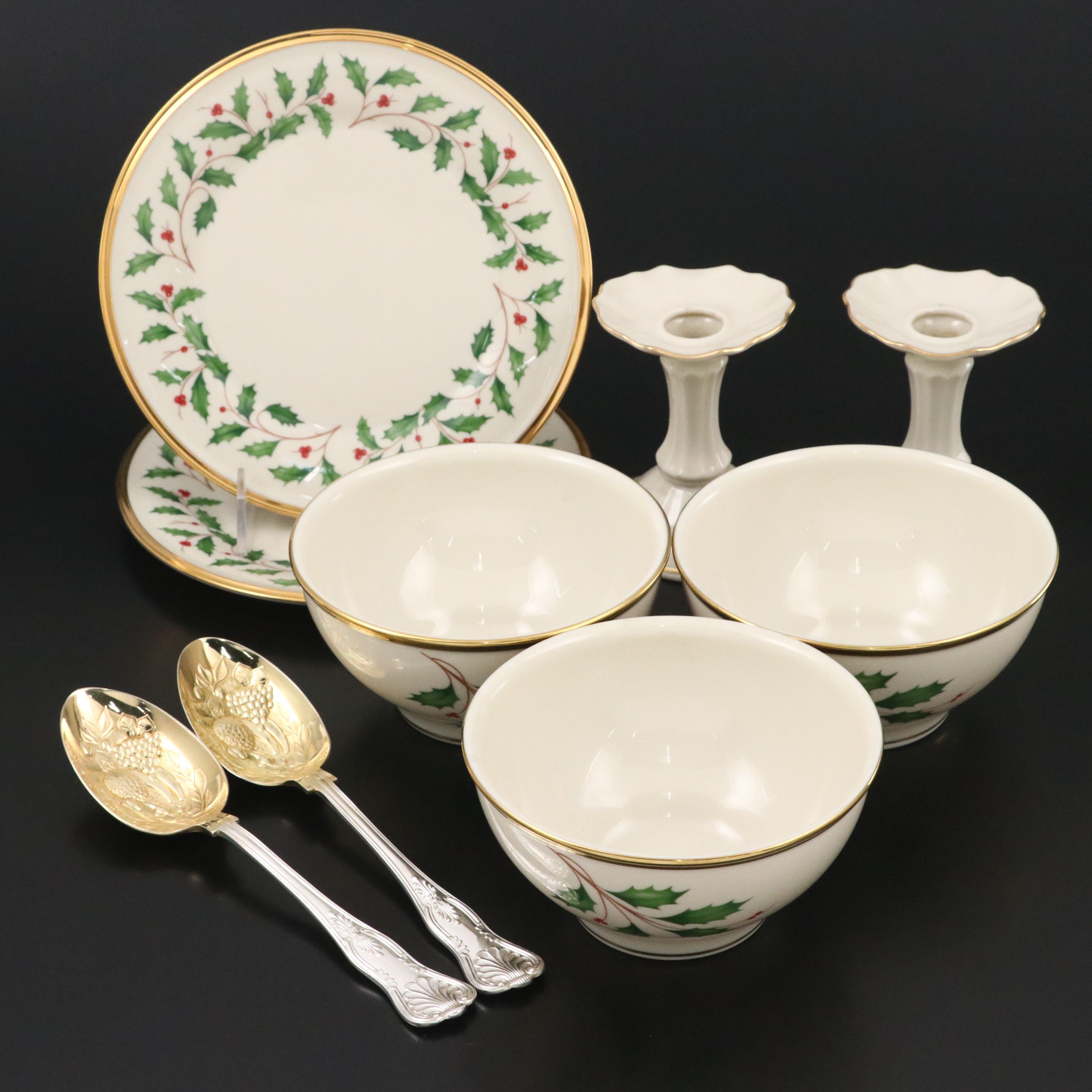 Lenox "Holiday" Bowls and Plates with Candlesticks and Repoussé Berry Spoons