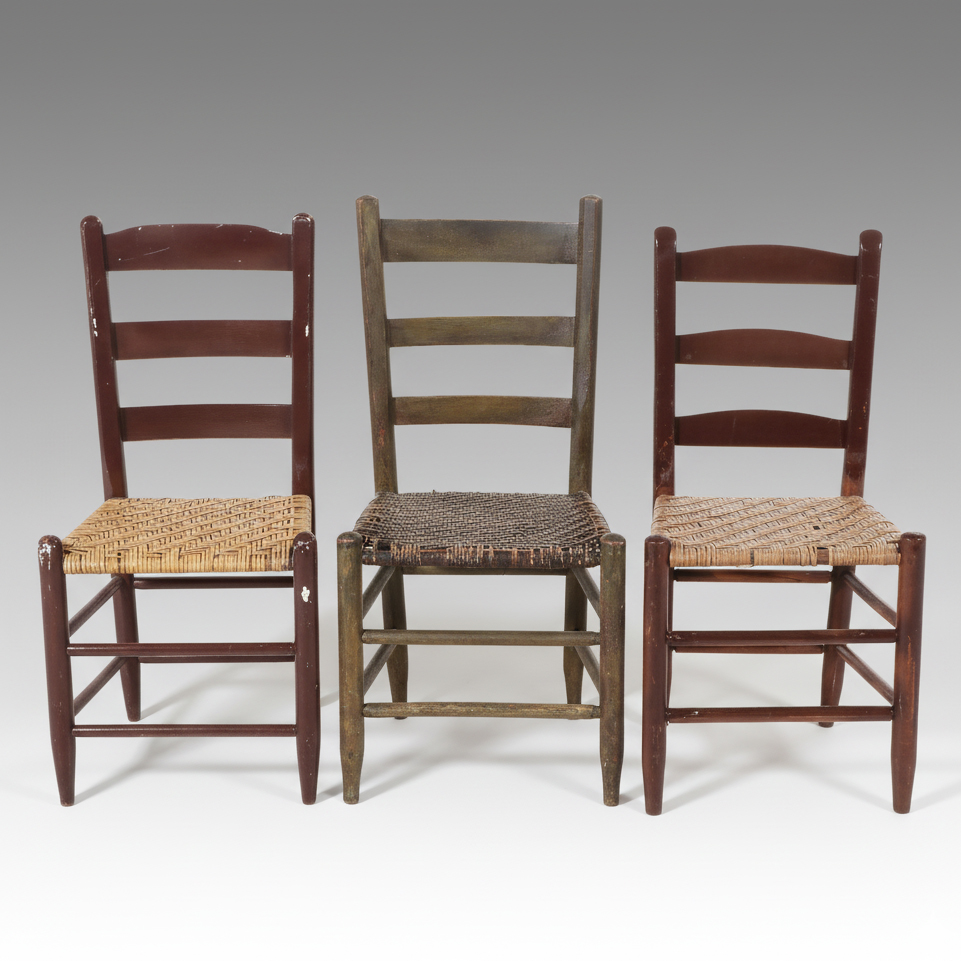 American Primitive Style Ladder-Back Chairs with Woven Splintwood Seats