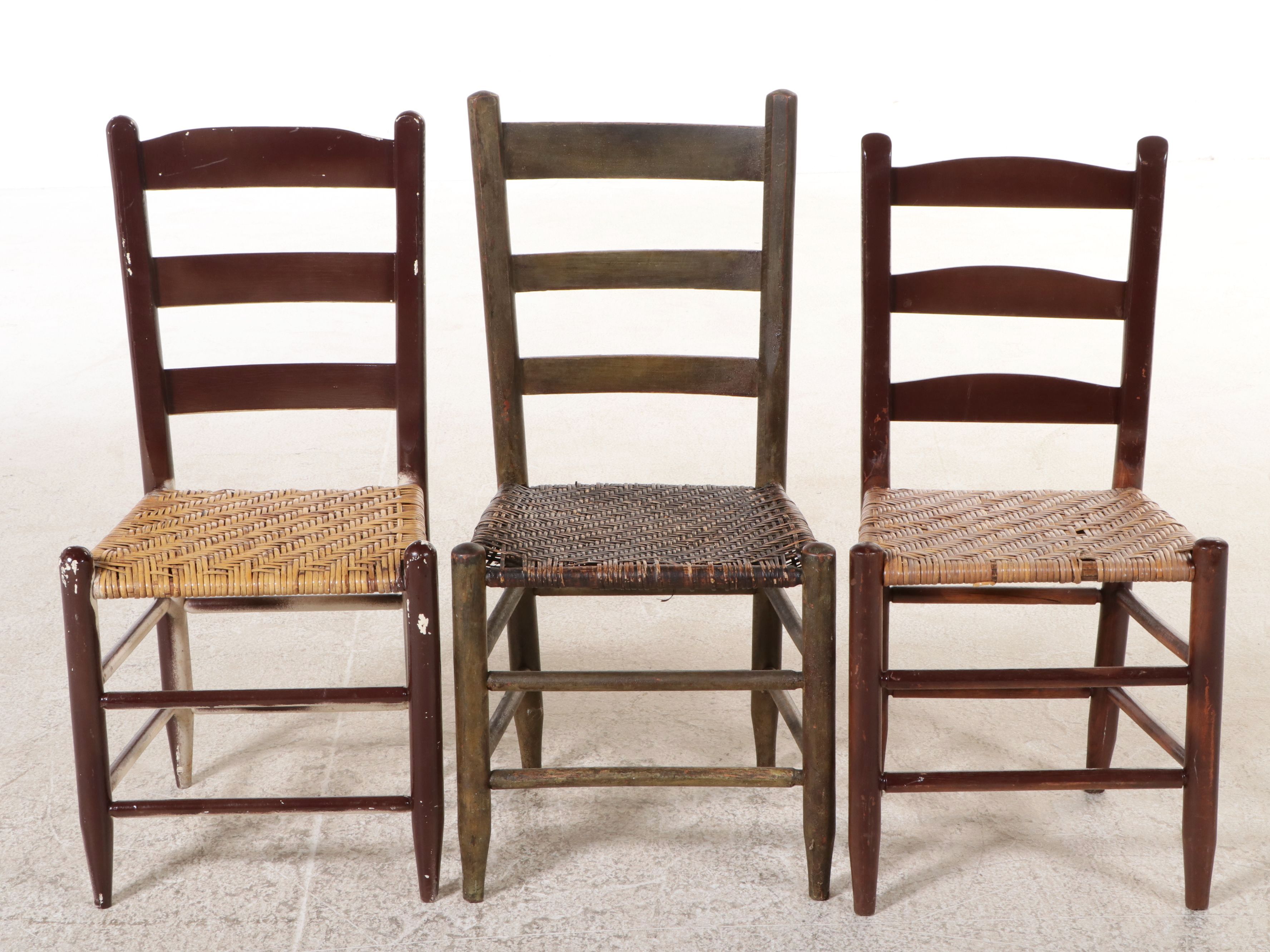 American Primitive Style Ladder-Back Chairs with Woven Splintwood Seats