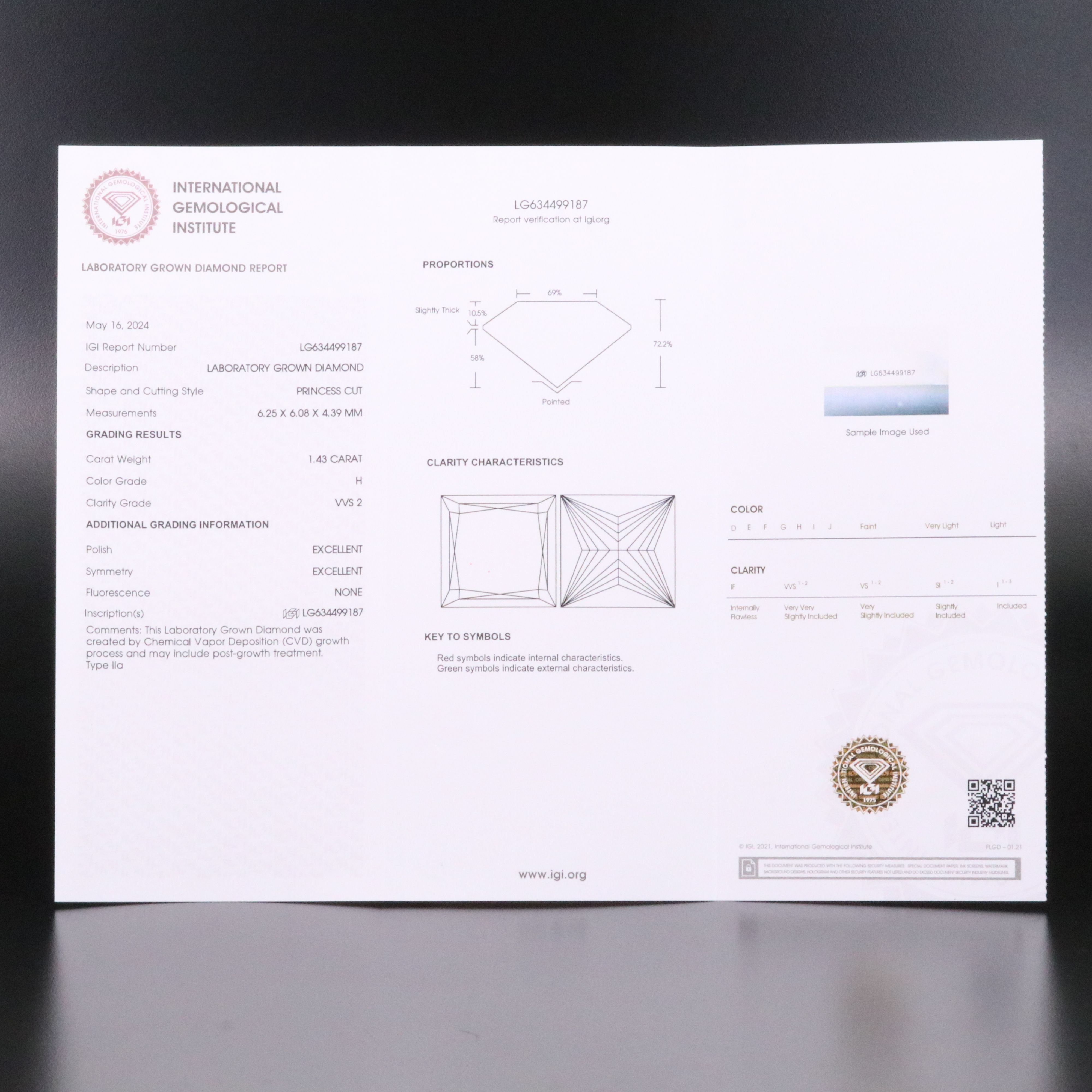 Loose 1.43 CT Lab Grown Diamond with IGI Report