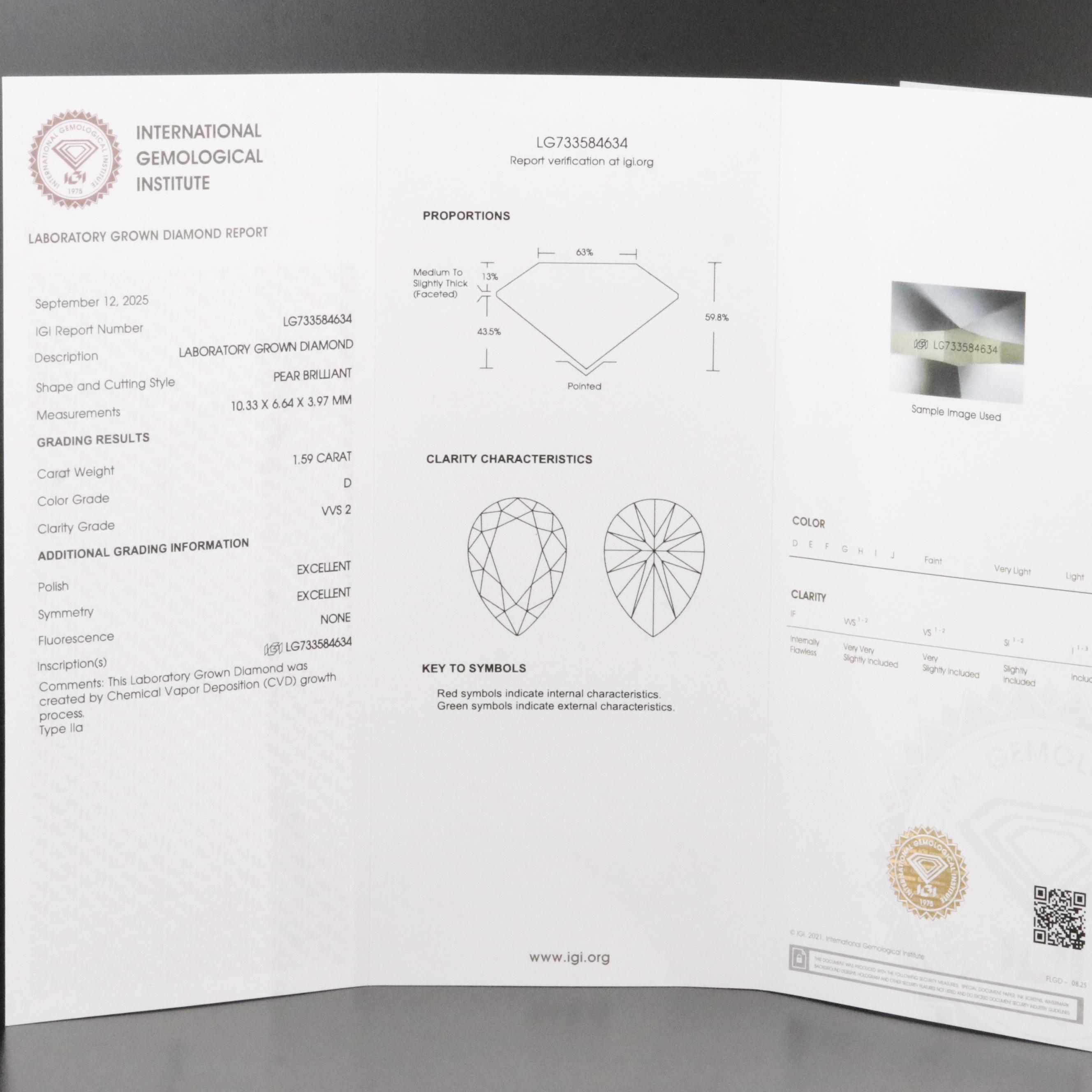 Loose 1.59 CT Lab Grown Diamond with IGI Report