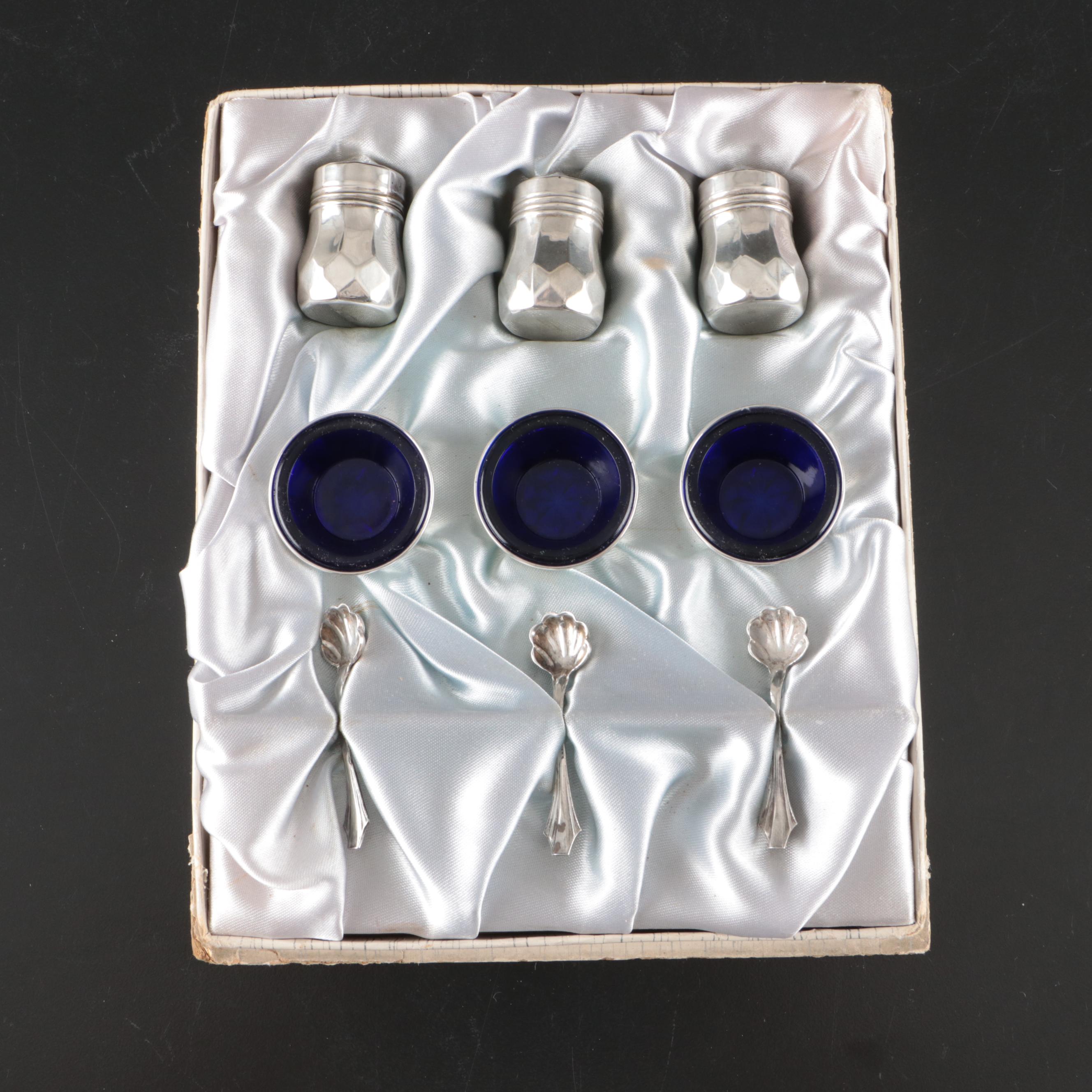 Sterling Silver and Cobalt Glass Salt Cellars with Shakers and Spoons