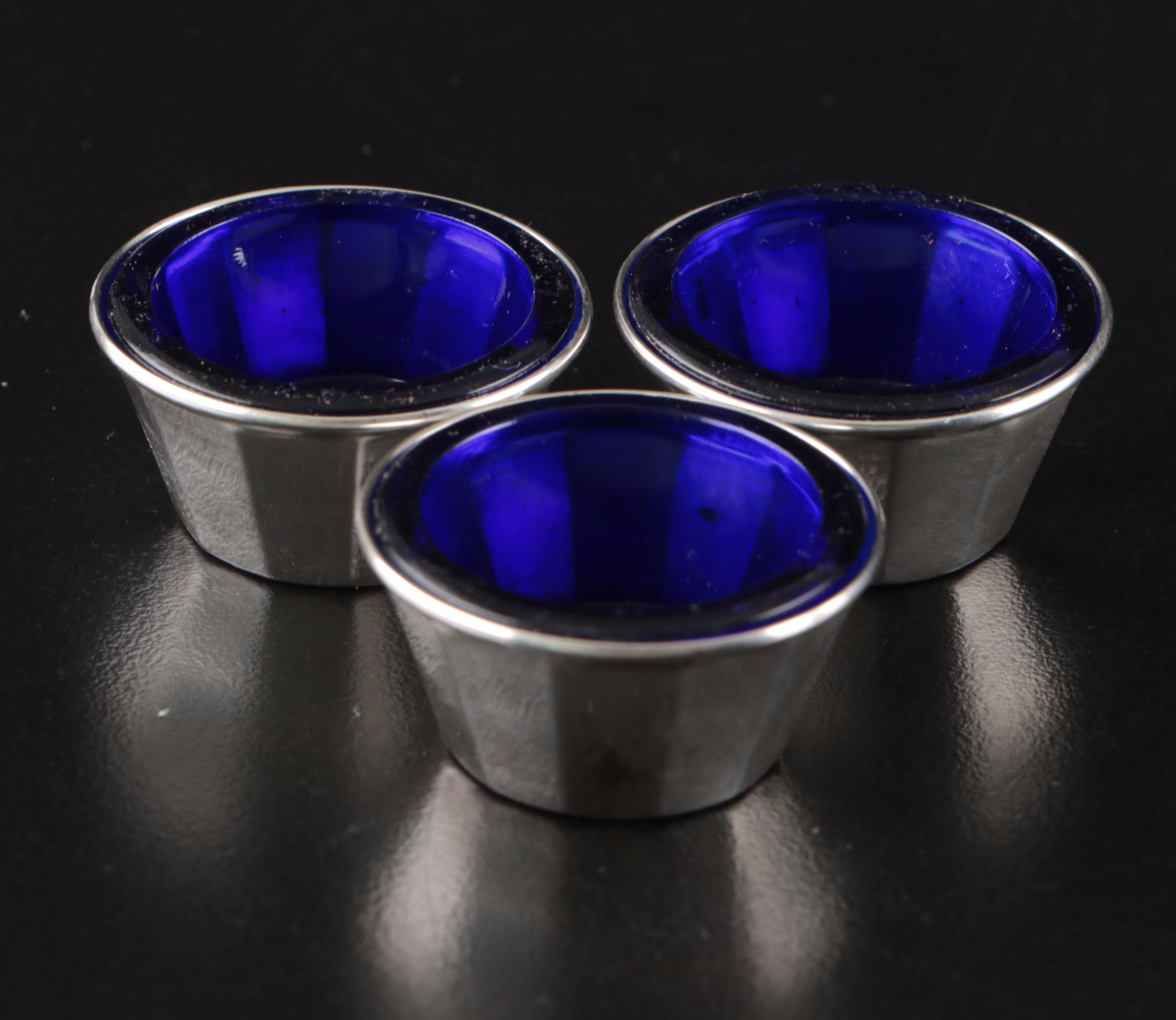 Sterling Silver and Cobalt Glass Salt Cellars with Shakers and Spoons